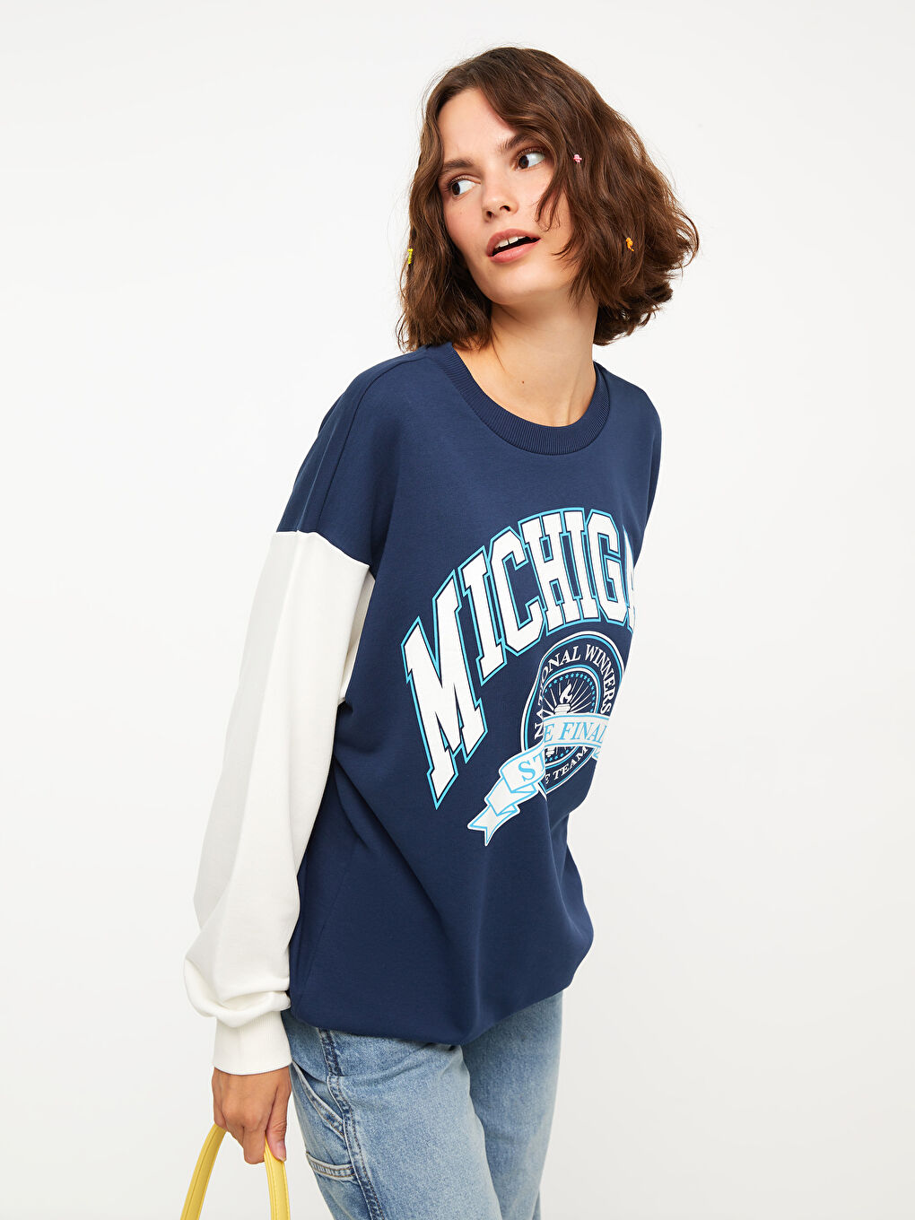 Lacivert Bisiklet Yaka Baskılı Uzun Kollu Kadın Sweatshirt-1