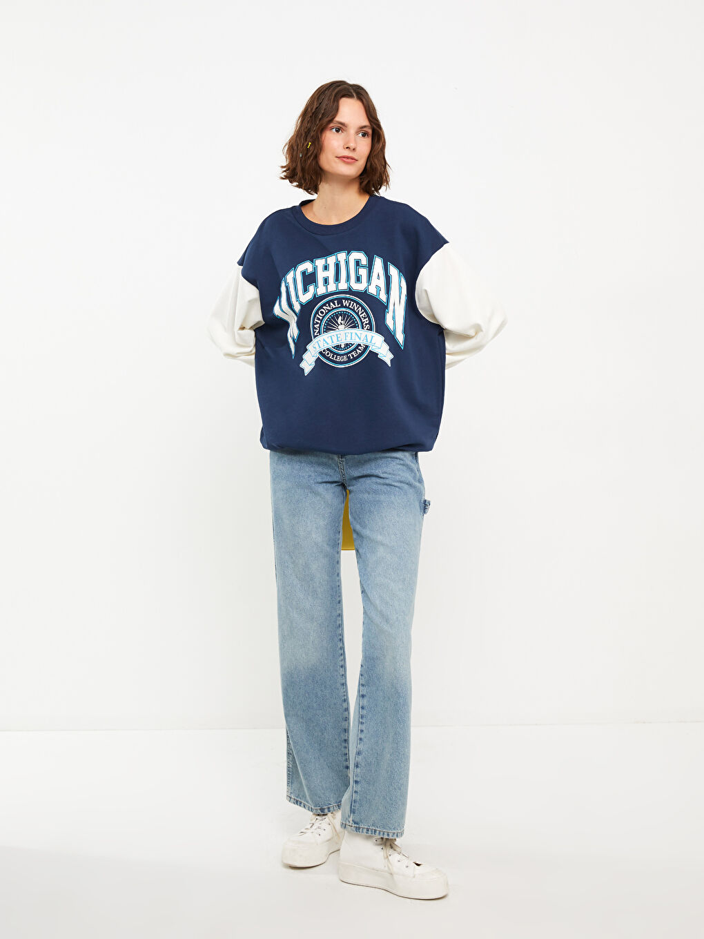 Lacivert Bisiklet Yaka Baskılı Uzun Kollu Kadın Sweatshirt-2