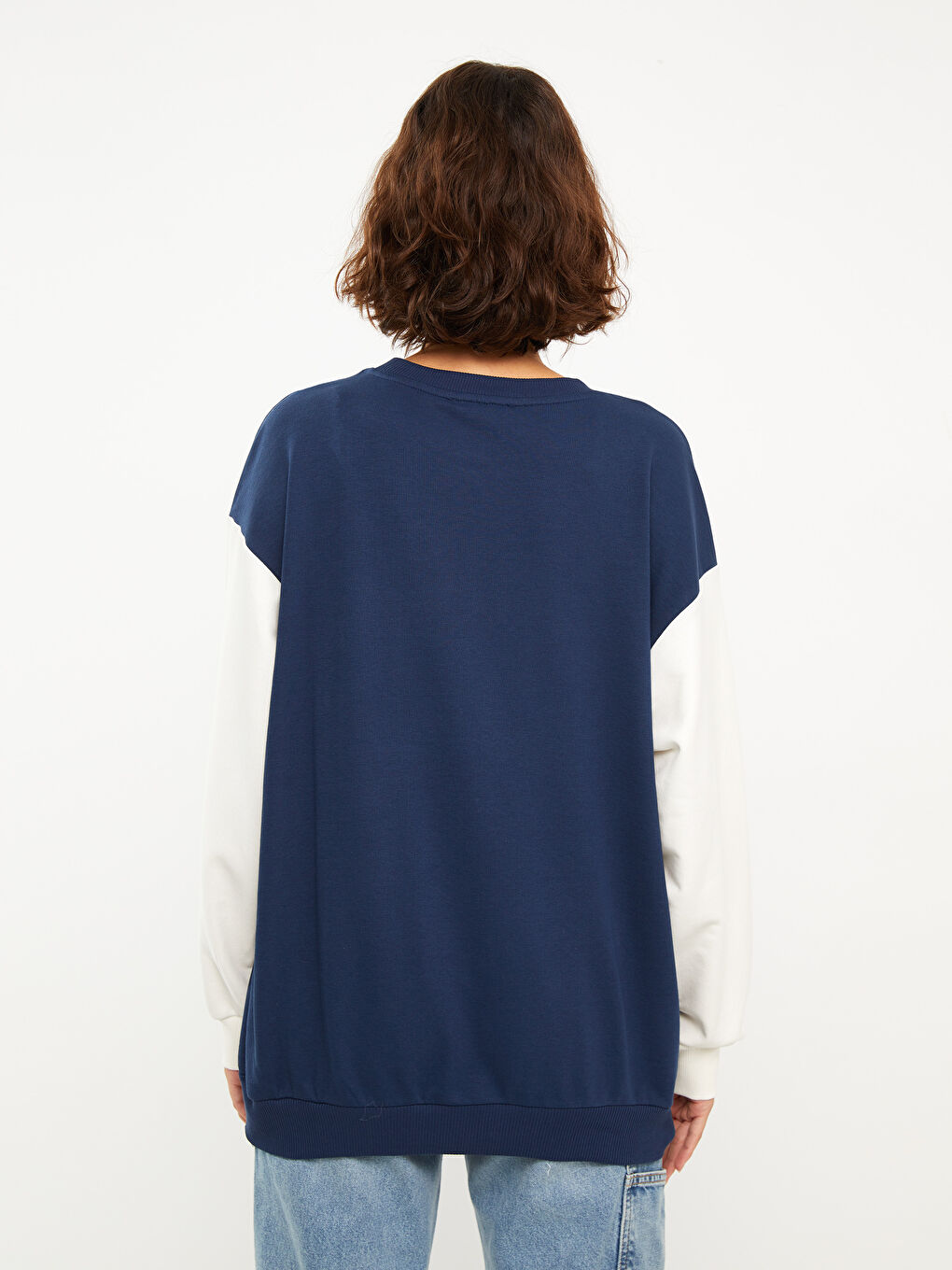 Lacivert Bisiklet Yaka Baskılı Uzun Kollu Kadın Sweatshirt-4