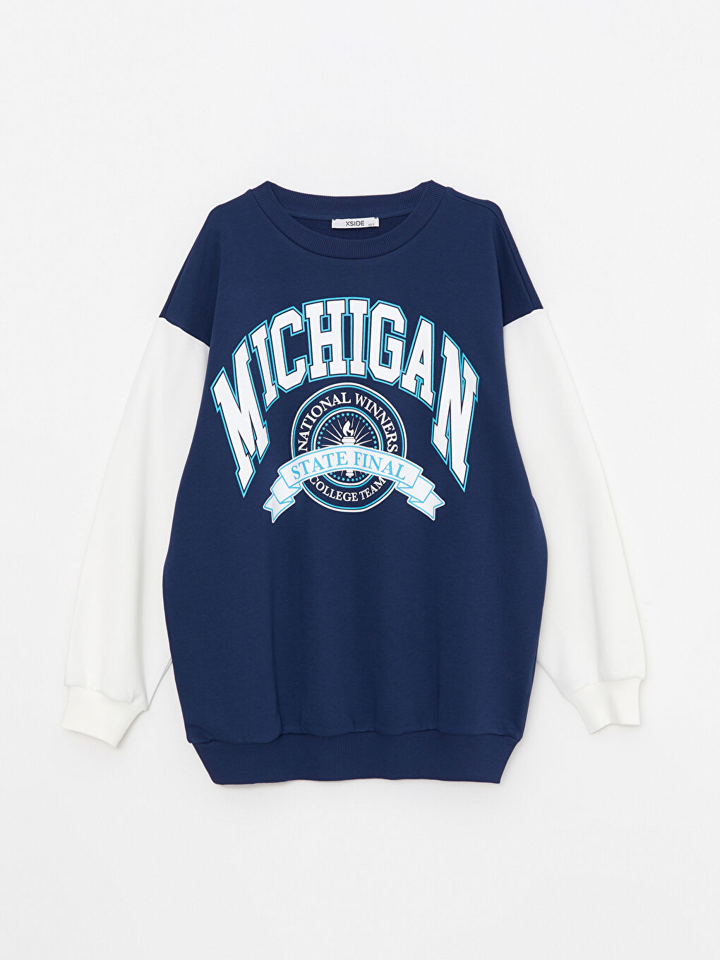 Lacivert Bisiklet Yaka Baskılı Uzun Kollu Kadın Sweatshirt-5