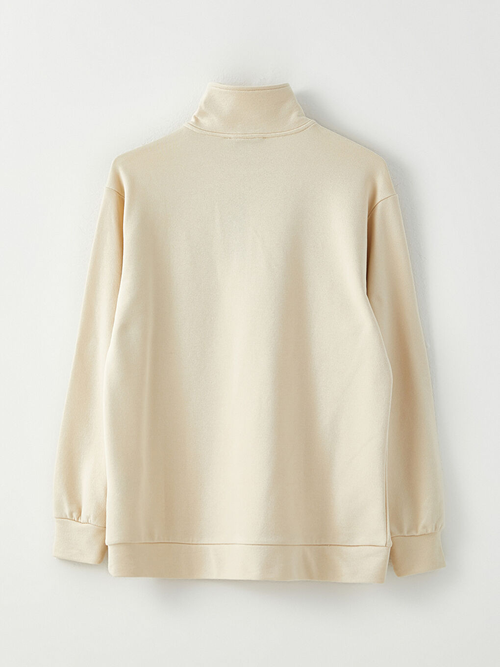 Bej Dik Yaka Düz Uzun Kollu Kadın Sweatshirt-6