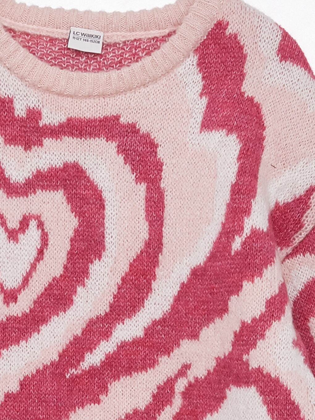 Pembe Bisiklet Yaka Desenli Uzun Kollu Kız Çocuk Triko Kazak-2