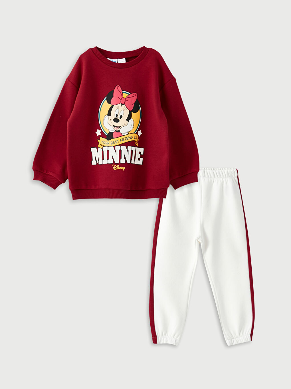 Bordo Bisiklet Yaka Uzun Kollu Minnie Mouse Baskılı Kız Bebek Sweatshirt ve Eşofman Alt 2'li Takım-8