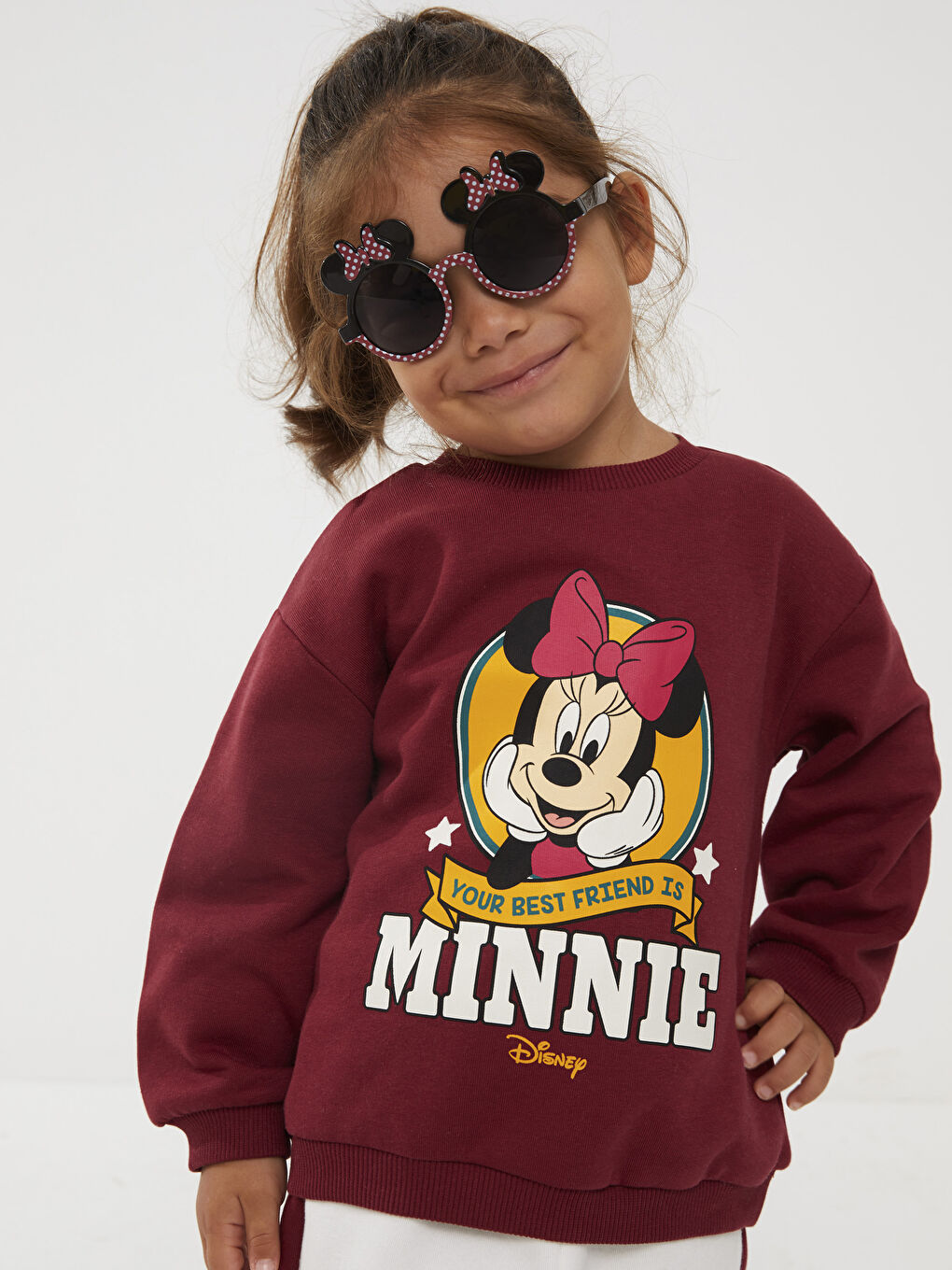 Bordo Bisiklet Yaka Uzun Kollu Minnie Mouse Baskılı Kız Bebek Sweatshirt ve Eşofman Alt 2'li Takım-5