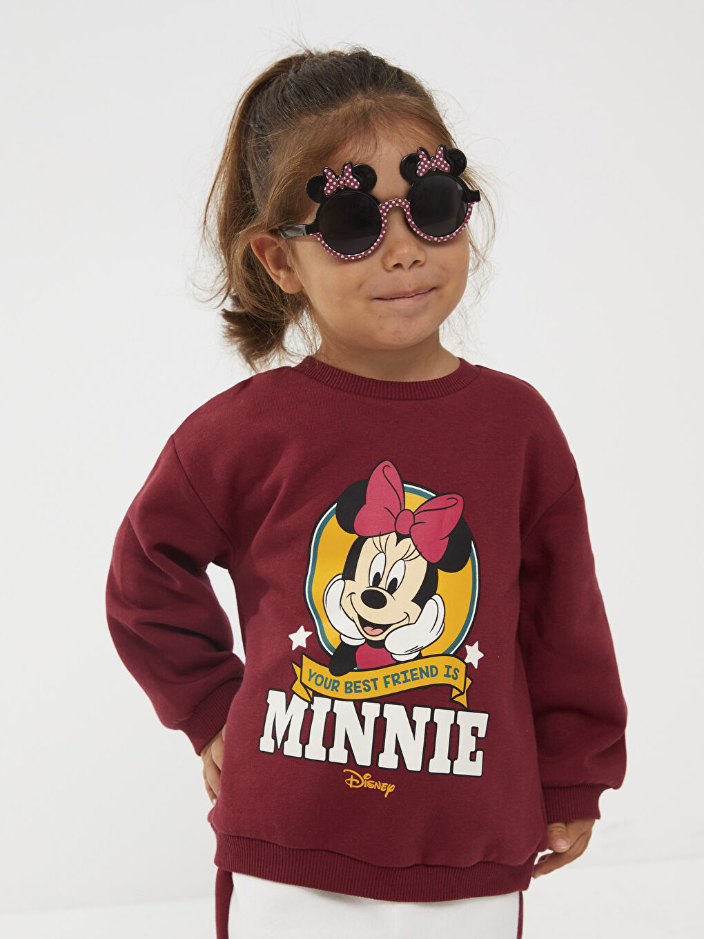Bordo Bisiklet Yaka Uzun Kollu Minnie Mouse Baskılı Kız Bebek Sweatshirt ve Eşofman Alt 2'li Takım-6