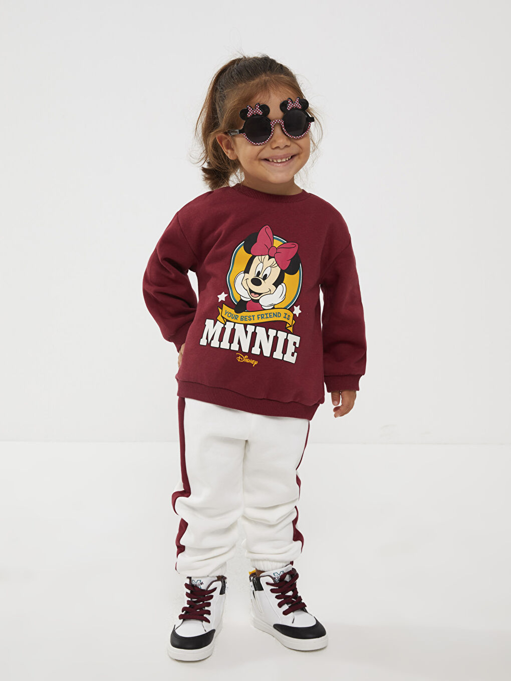 Bordo Bisiklet Yaka Uzun Kollu Minnie Mouse Baskılı Kız Bebek Sweatshirt ve Eşofman Alt 2'li Takım-7
