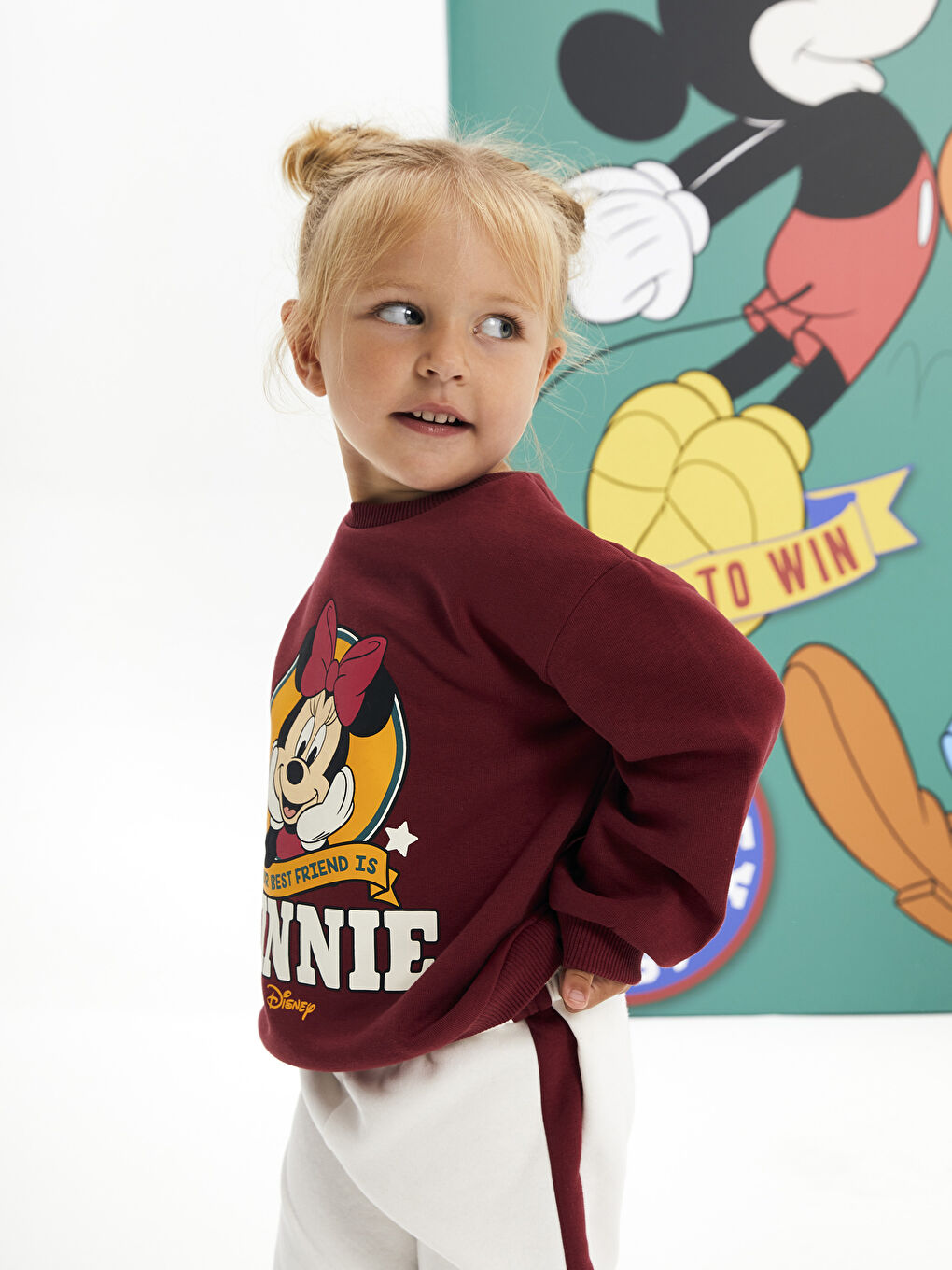 Bordo Bisiklet Yaka Uzun Kollu Minnie Mouse Baskılı Kız Bebek Sweatshirt ve Eşofman Alt 2'li Takım-2