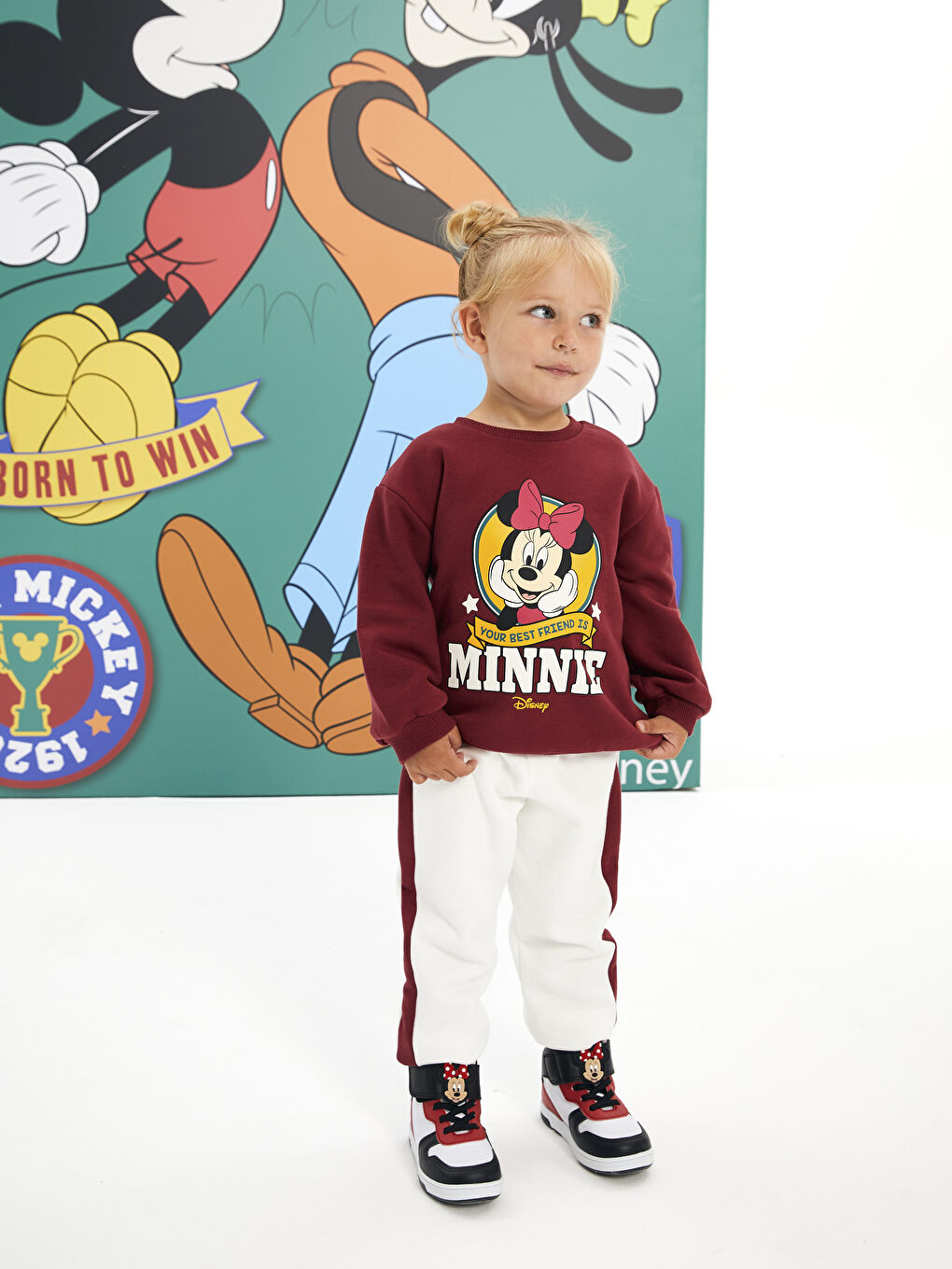 Bordo Bisiklet Yaka Uzun Kollu Minnie Mouse Baskılı Kız Bebek Sweatshirt ve Eşofman Alt 2'li Takım-3