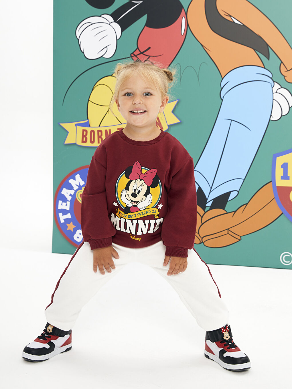 Bordo Bisiklet Yaka Uzun Kollu Minnie Mouse Baskılı Kız Bebek Sweatshirt ve Eşofman Alt 2'li Takım-4