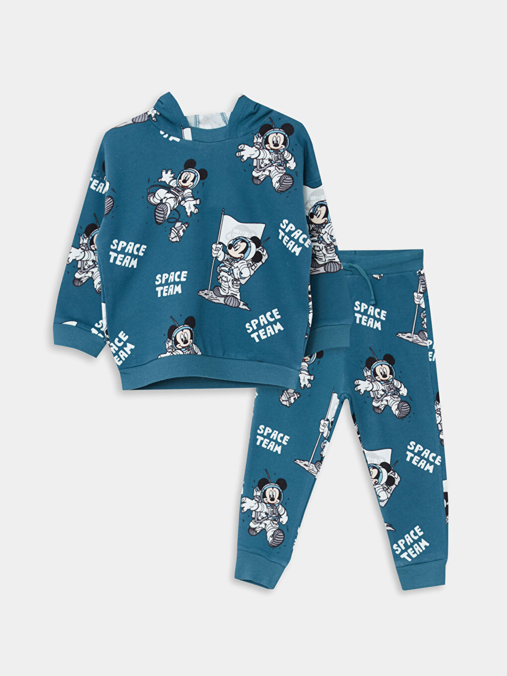 LCW baby Koyu Petrol Baskılı Kapüşonlu Uzun Kollu Mickey Mouse Baskılı Erkek Bebek Sweatshirt ve Pantolon 2'li Takım