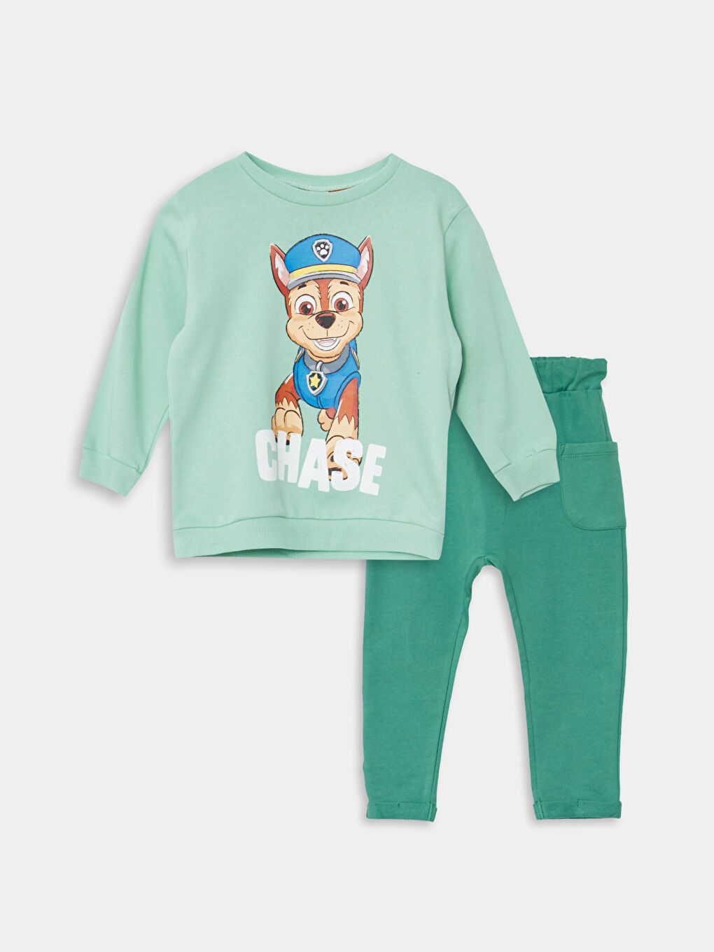 LCW baby Yeşil Bisiklet Yaka Uzun Kollu Paw Patrol Baskılı Erkek Bebek Sweatshirt ve Pantolon 2'li Takım