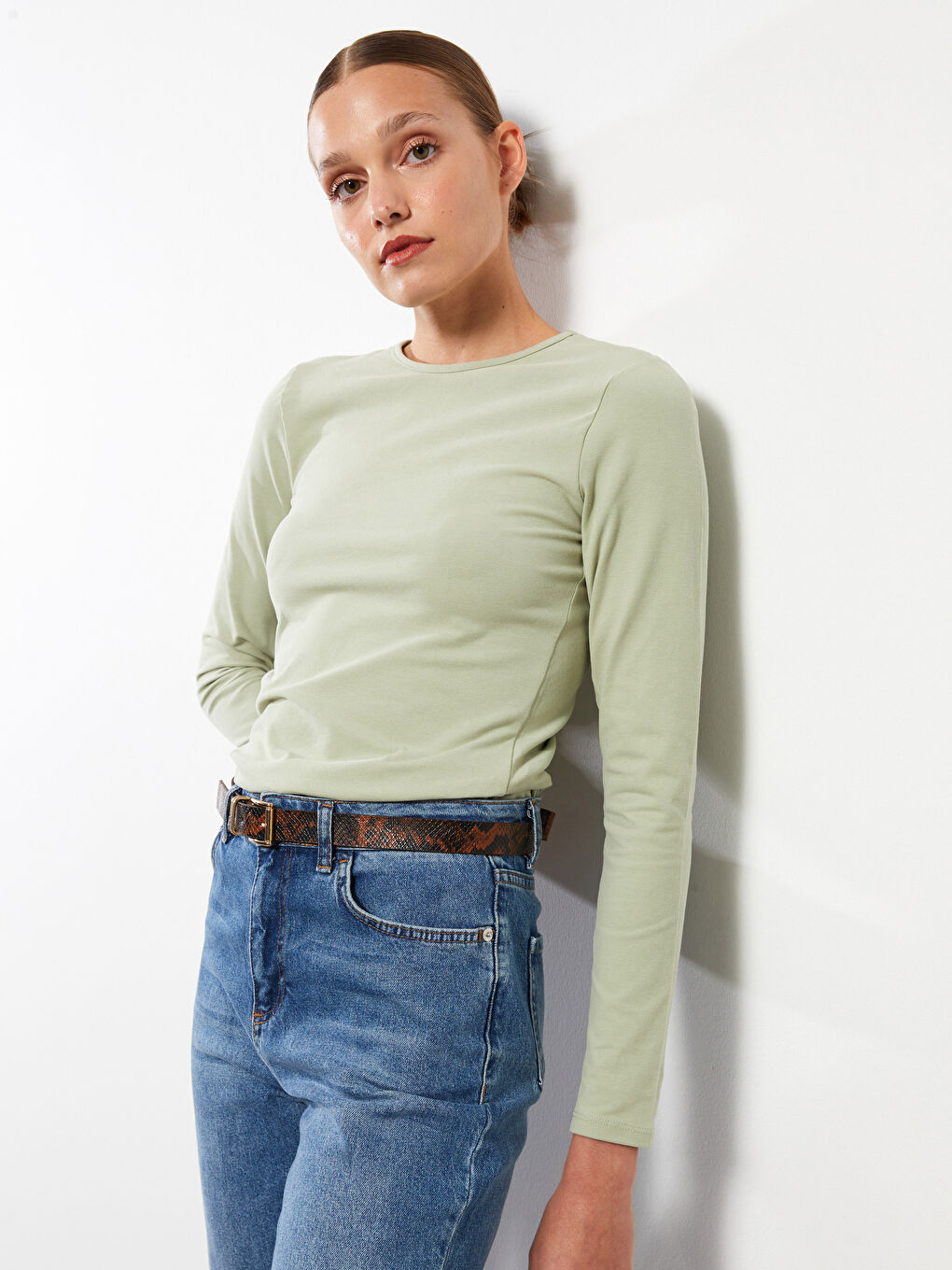 Yeşil Bisiklet Yaka Kadın Bodysuit-1