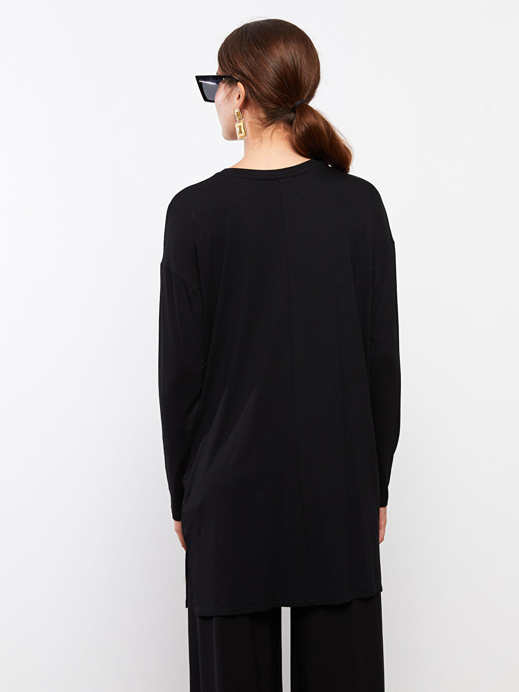 Siyah Bisiklet Yaka Düz Uzun Kollu Kadın Tunik-4