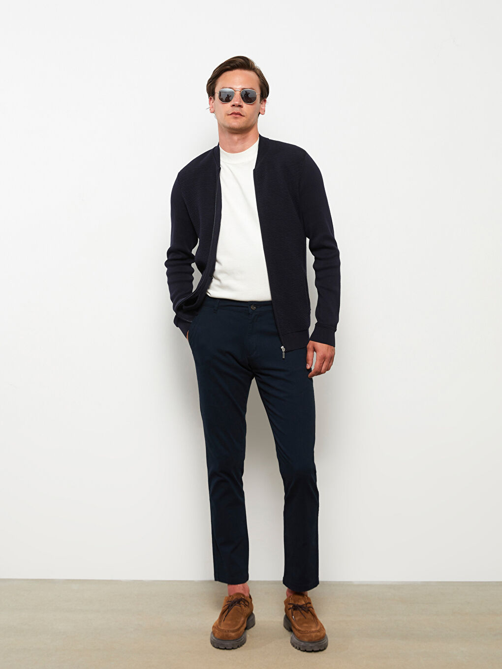 Lacivert Standart Kalıp Kolej Yaka Erkek Triko Hırka