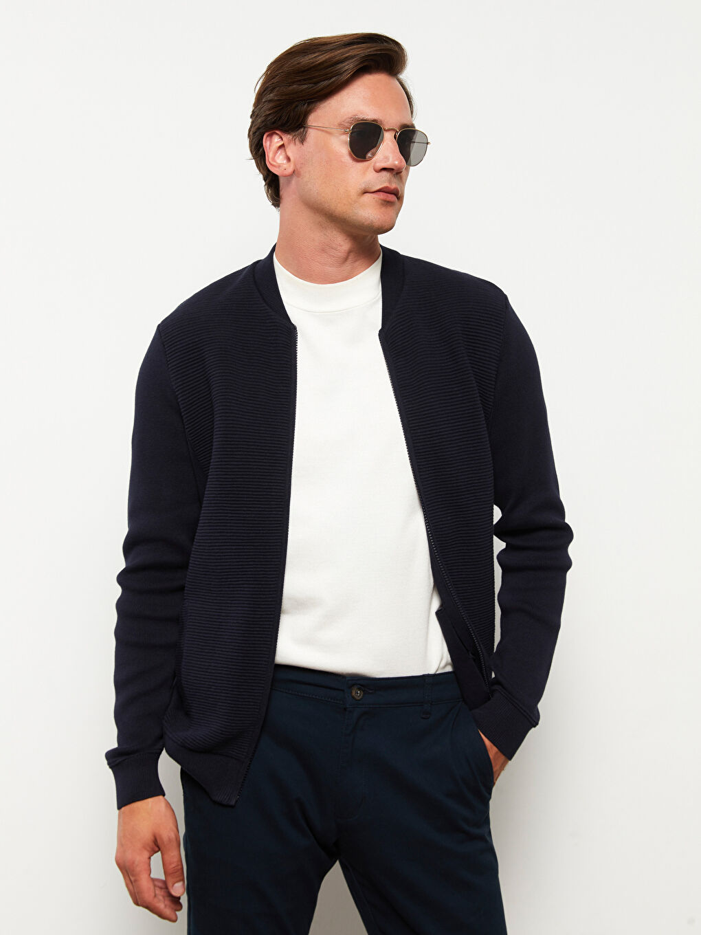 Lacivert Standart Kalıp Kolej Yaka Erkek Triko Hırka-1