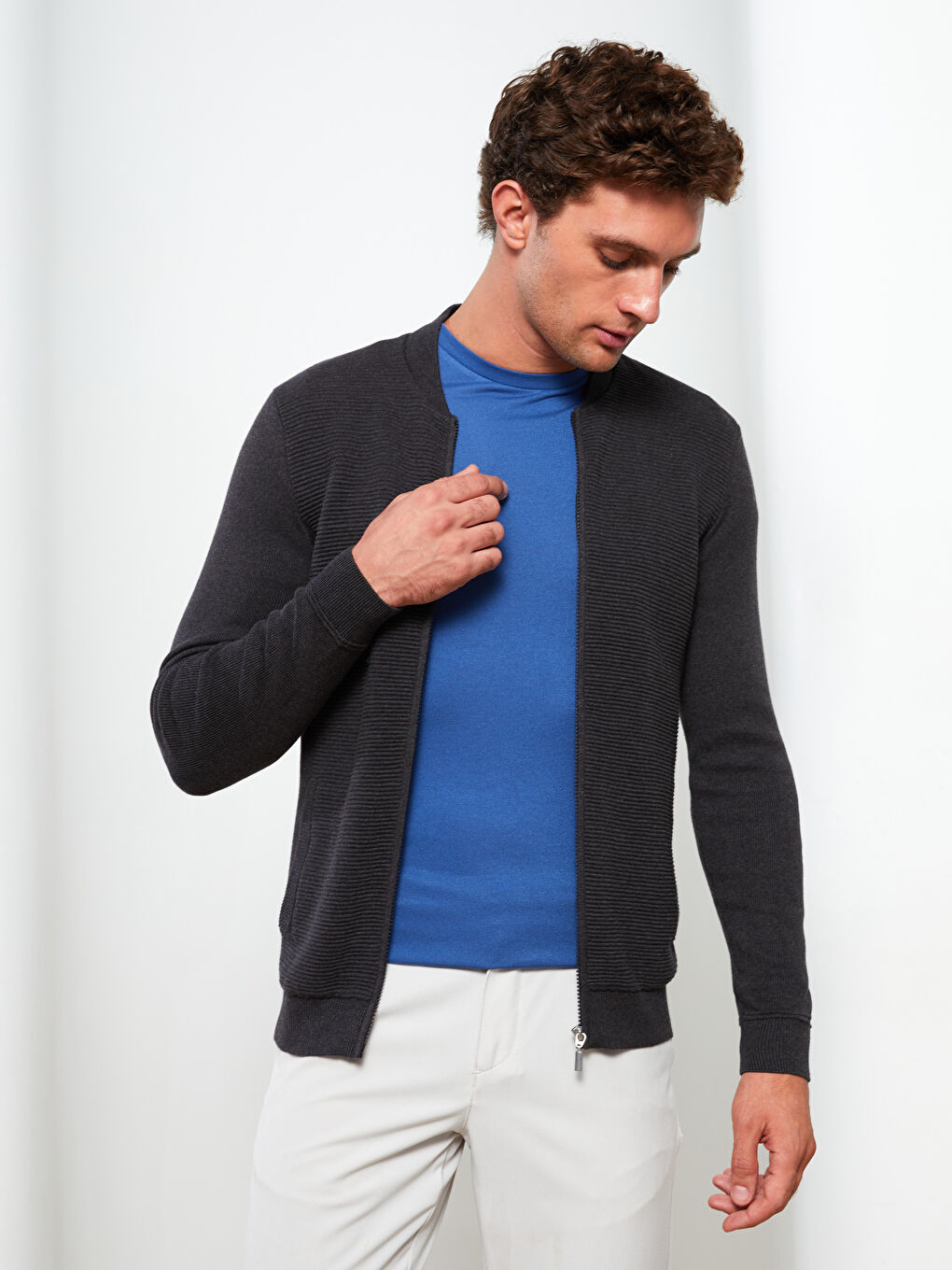 Cardigan Tricotat pentru Bărbați cu Guler Colegiu și Croială Standard