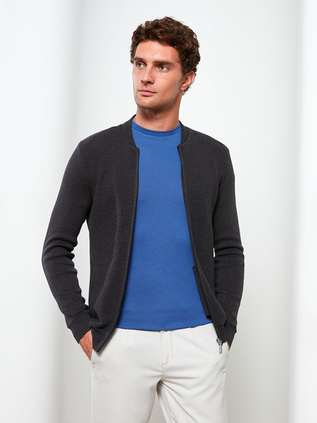 Cardigan Tricotat pentru Bărbați cu Guler Colegiu și Croială Standard-2