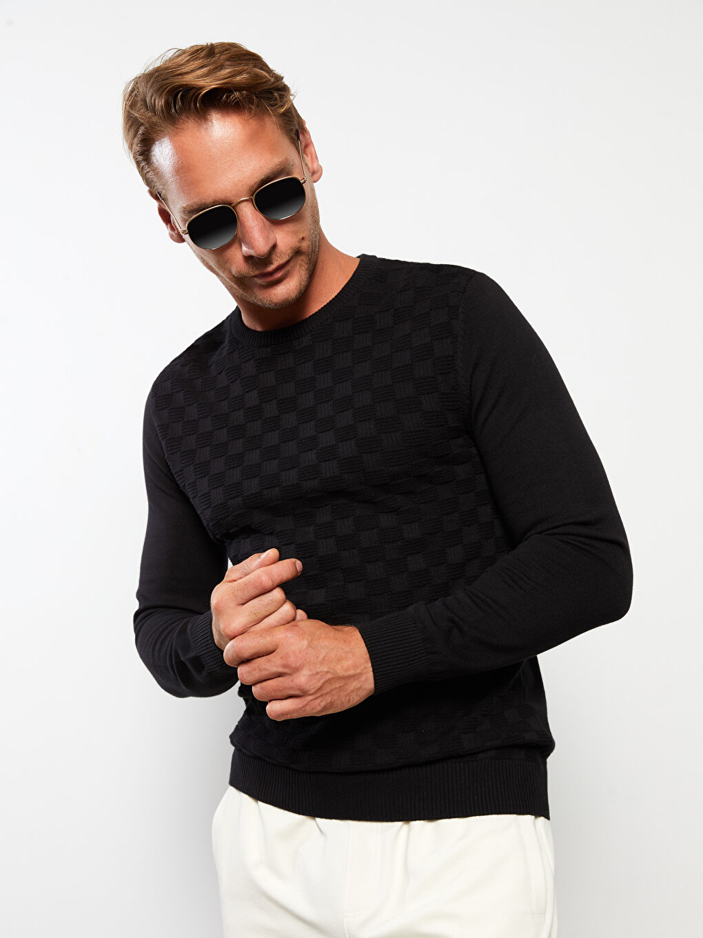 Пуловер с кръгло деколте, дълъг ръкав, с шарки, за мъже-1