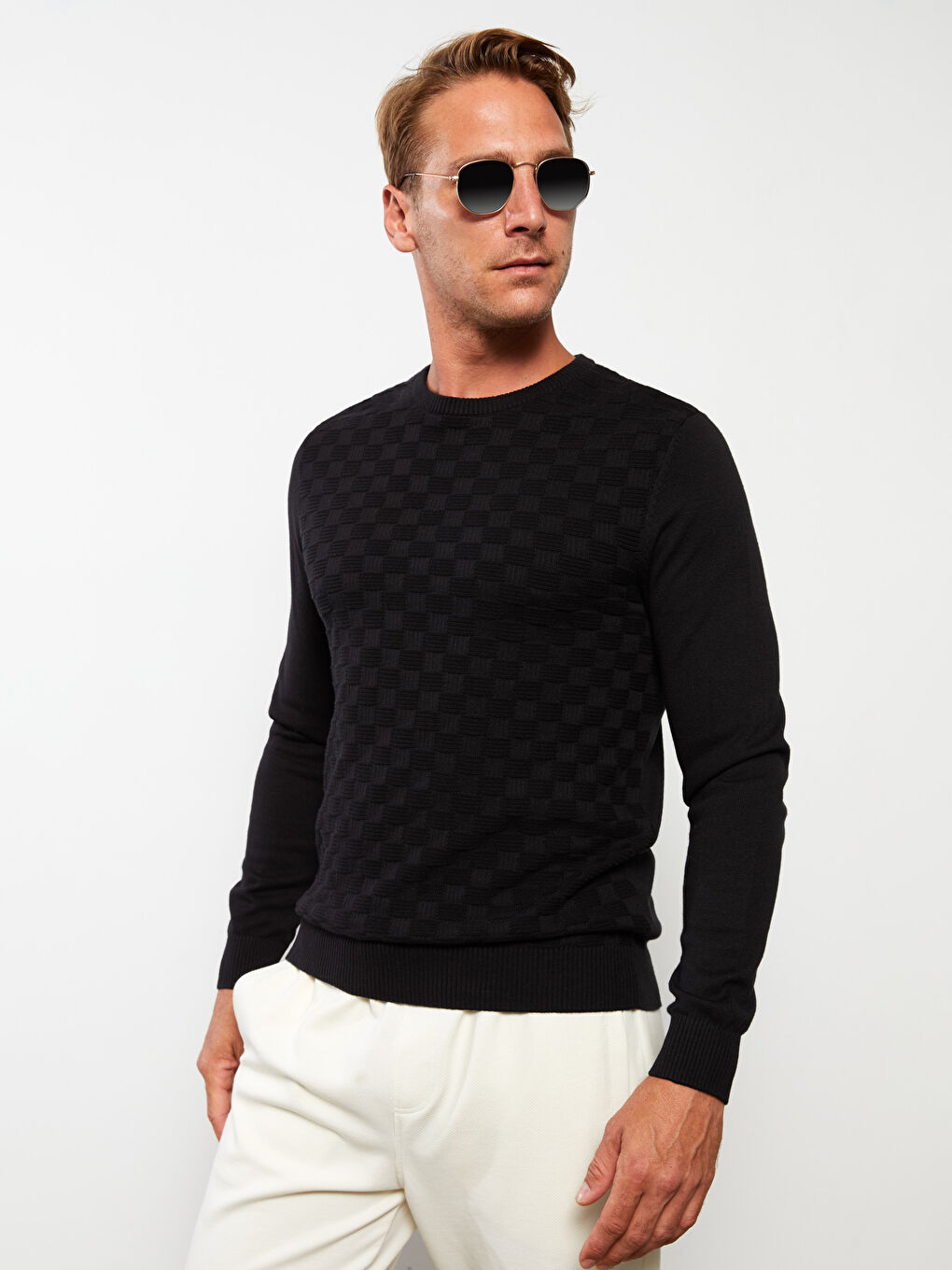 Пуловер с кръгло деколте, дълъг ръкав, с шарки, за мъже-2