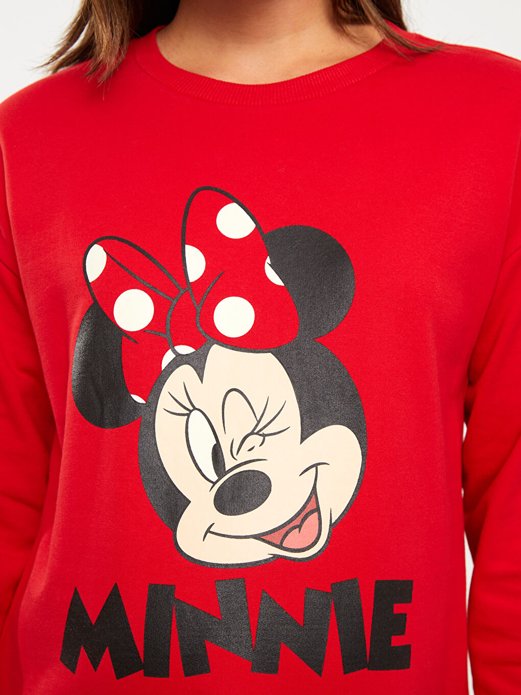 LCWAIKIKI Maternity Canlı Kırmızı Bisiklet Yaka Minnie Mouse Baskılı Uzun Kollu Hamile Sweatshirt - 3