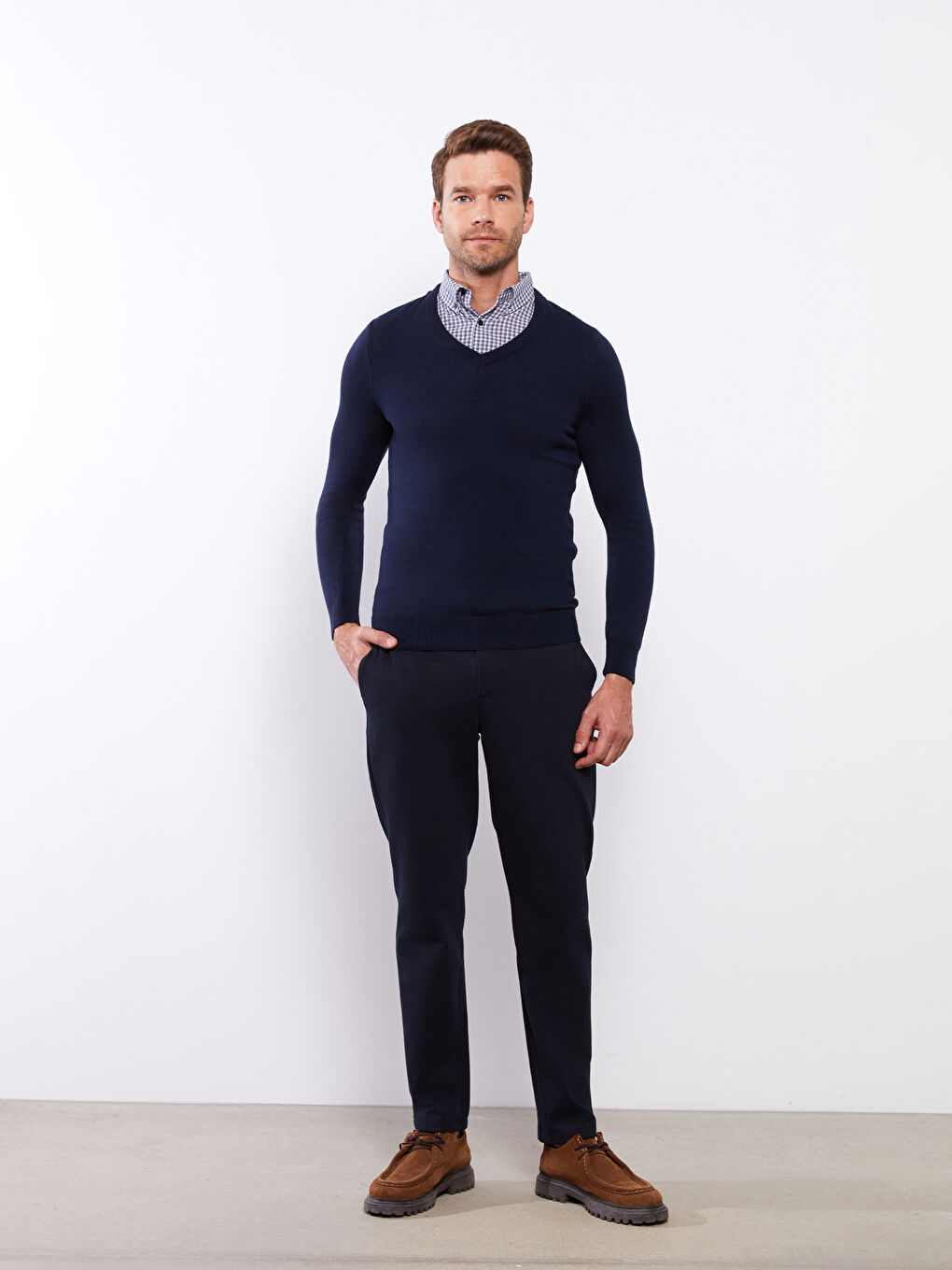 Lacivert Gömlek Yaka Uzun Kollu Erkek Triko Kazak-2