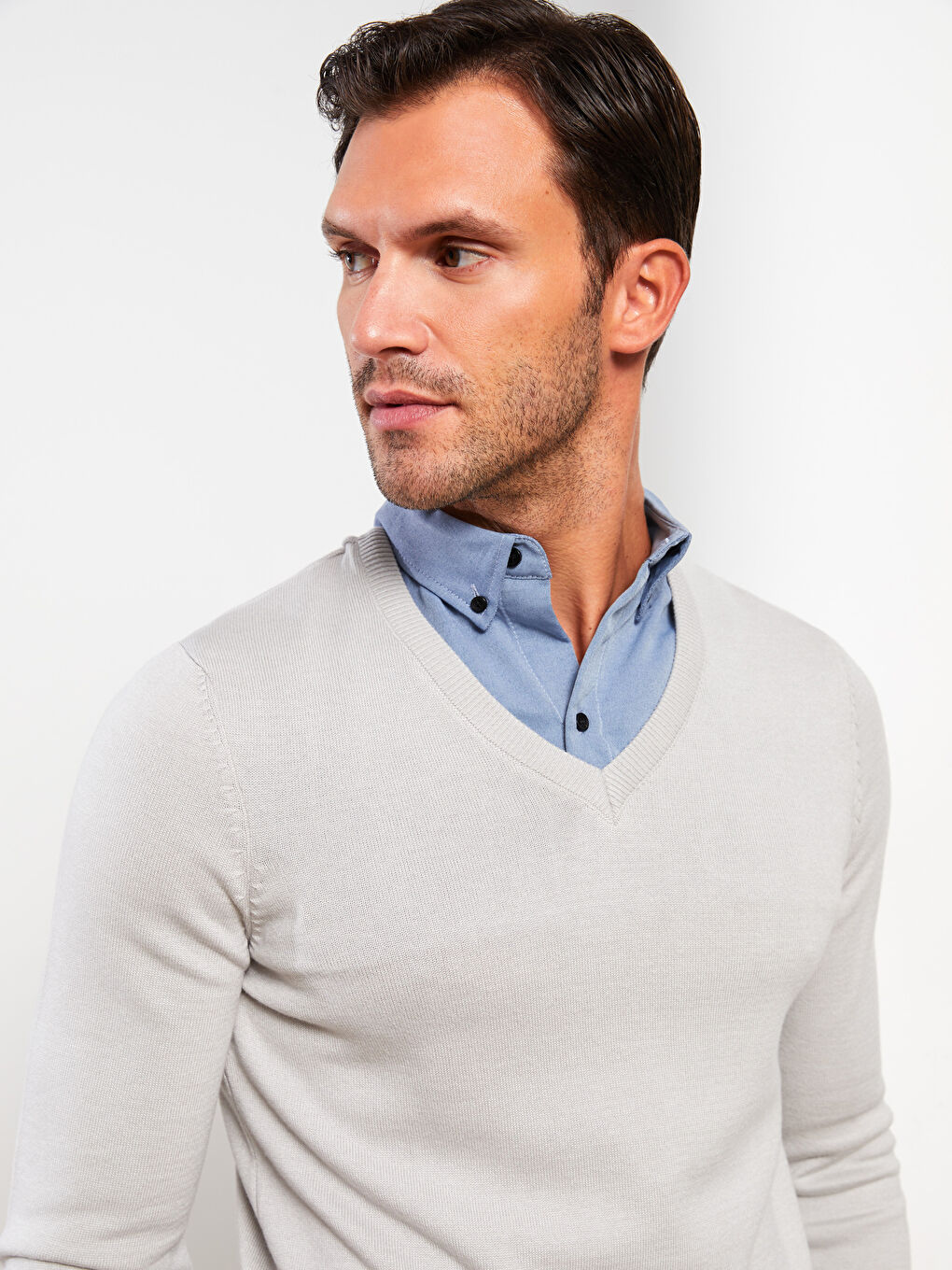 Gri Gömlek Yaka Uzun Kollu Erkek Triko Kazak