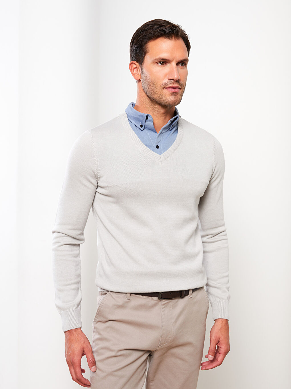 Gri Gömlek Yaka Uzun Kollu Erkek Triko Kazak-1