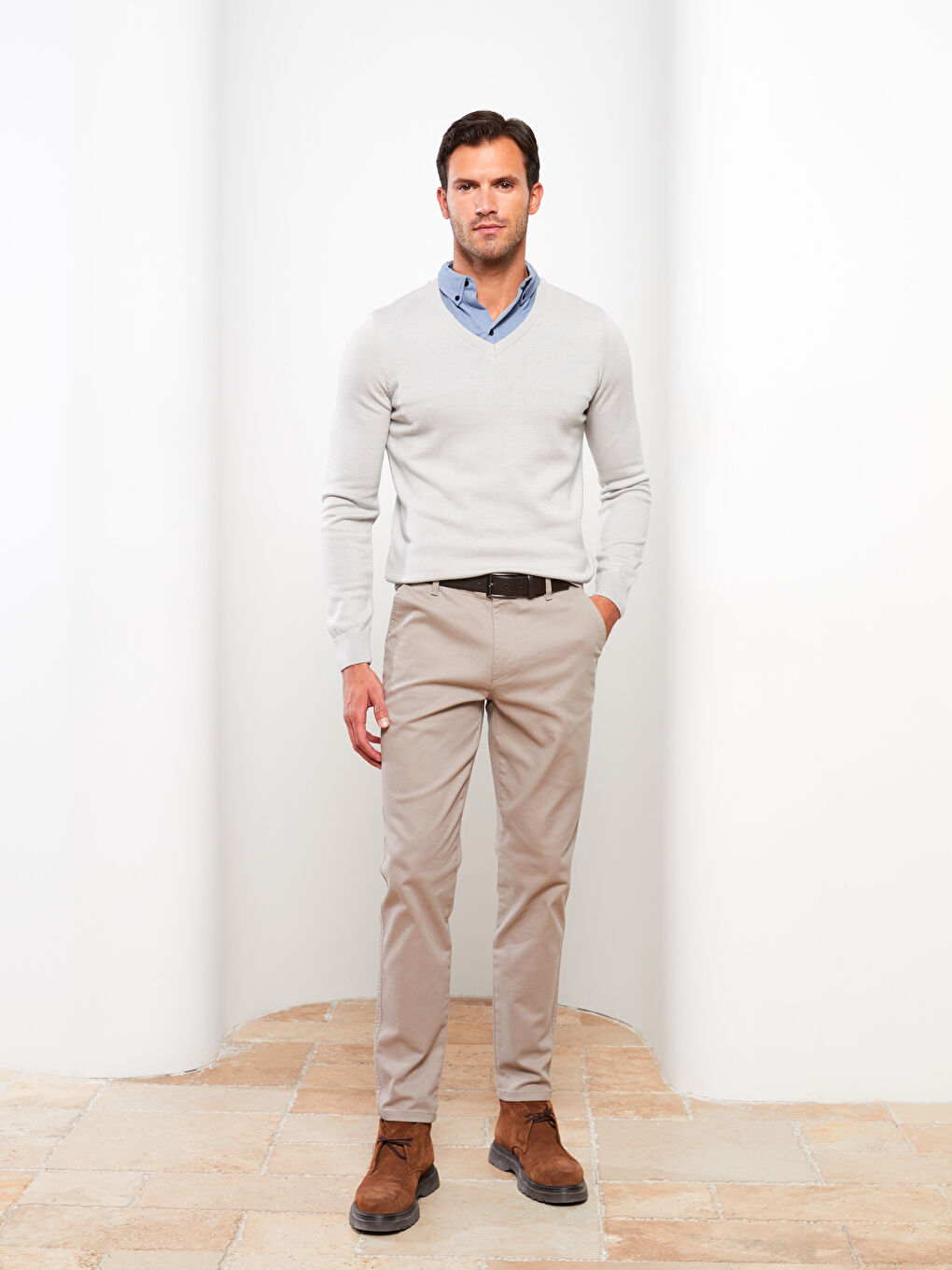 Gri Gömlek Yaka Uzun Kollu Erkek Triko Kazak-2