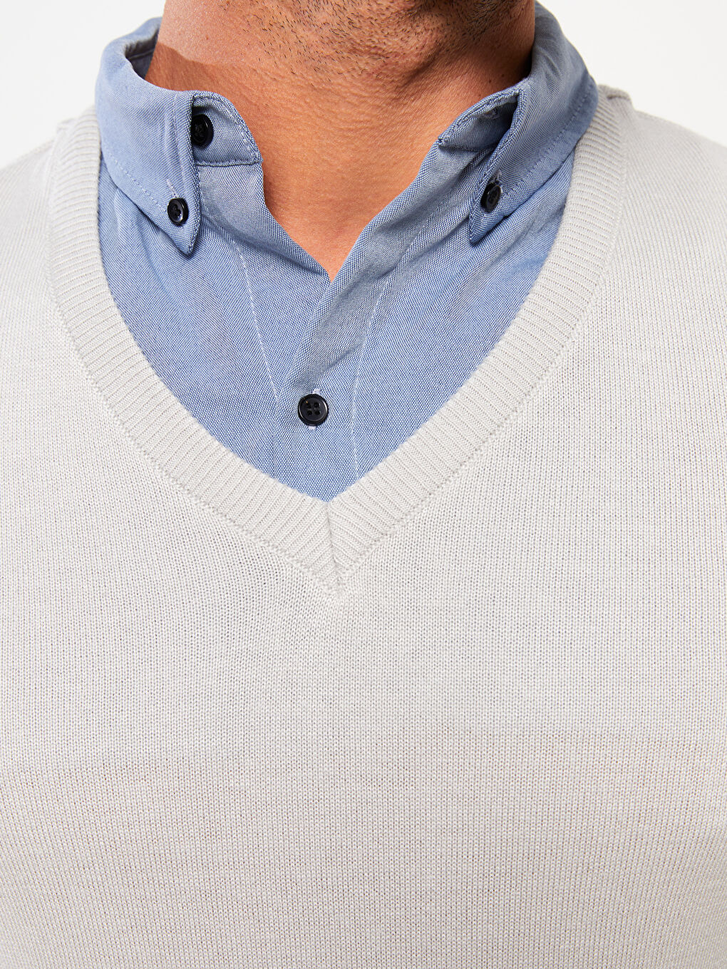 Gri Gömlek Yaka Uzun Kollu Erkek Triko Kazak-3