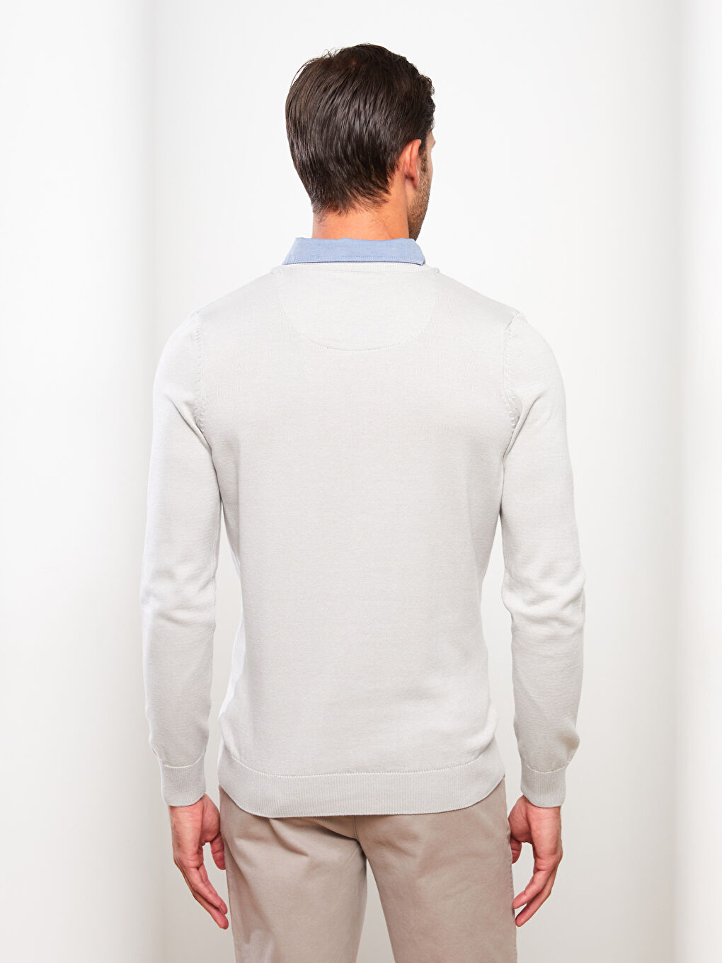 Gri Gömlek Yaka Uzun Kollu Erkek Triko Kazak-4