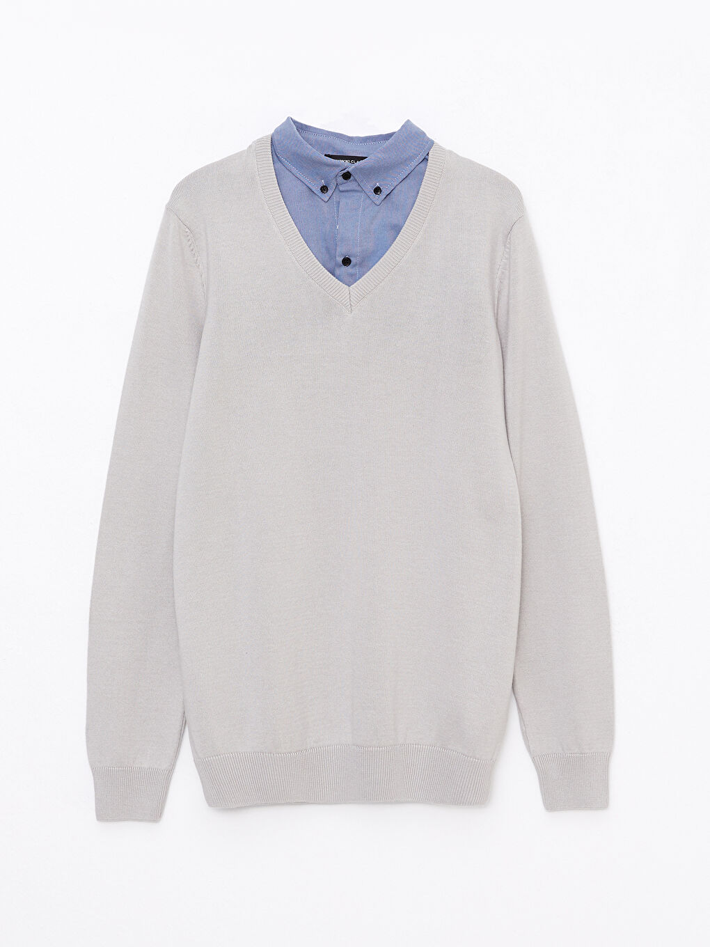 Gri Gömlek Yaka Uzun Kollu Erkek Triko Kazak-5