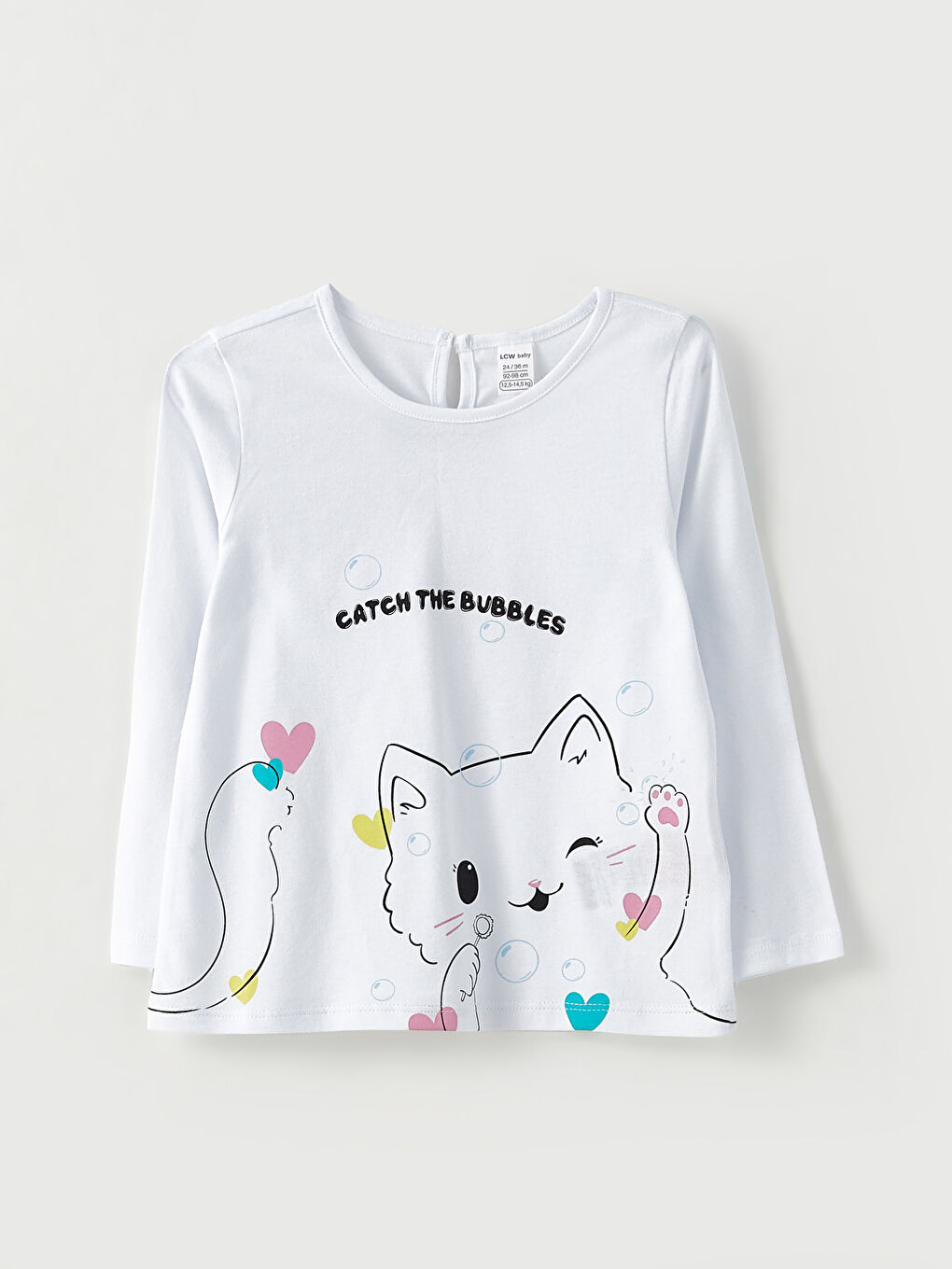 Beyaz Bisiklet Yaka Uzun Kol Baskılı Pamuklu Kız Bebek Tişört