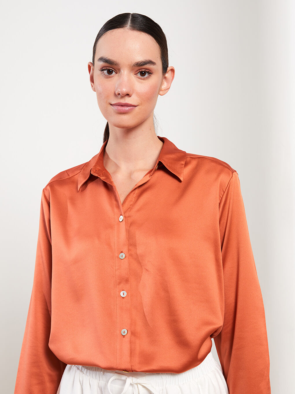 Kahverengi Düz Uzun Kollu Saten Kadın Gömlek Tunik-3