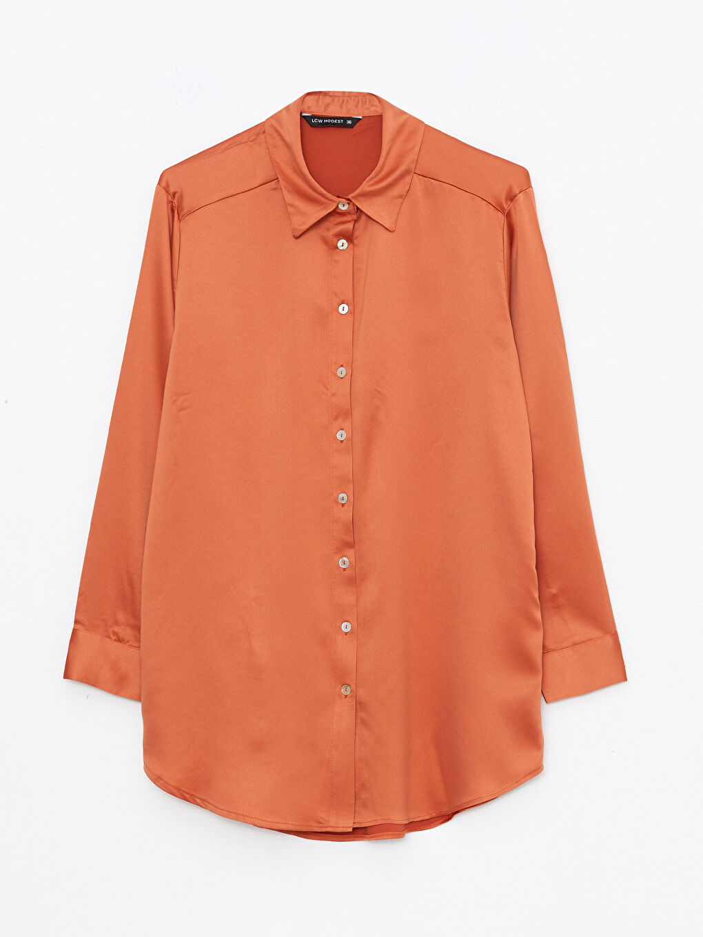 Kahverengi Düz Uzun Kollu Saten Kadın Gömlek Tunik-5