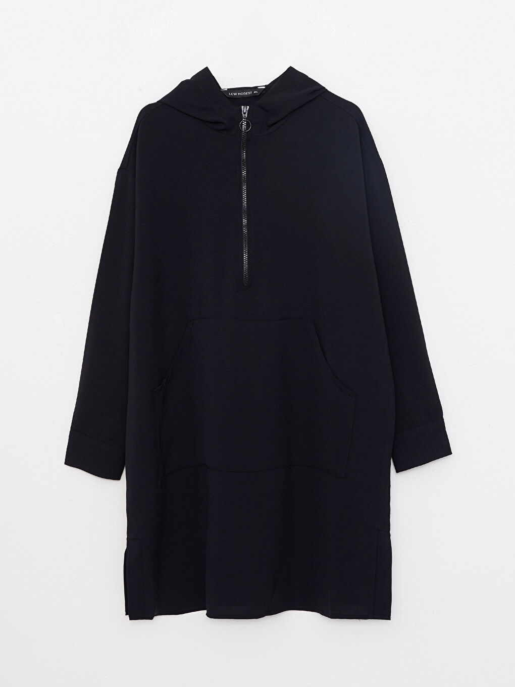 Siyah Kapüşonlu Düz Uzun Kollu Oversize Kadın Tunik-11