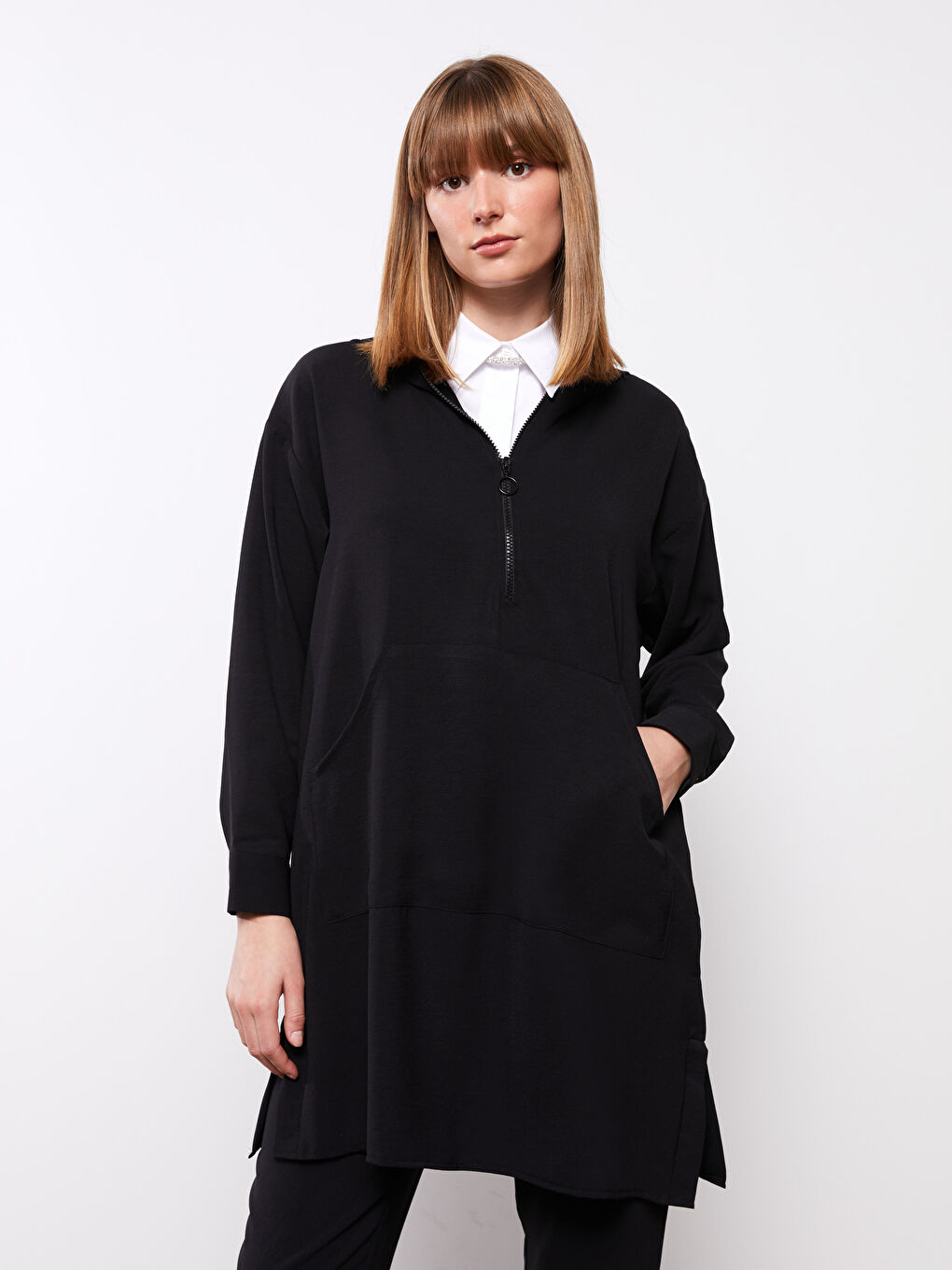 Siyah Kapüşonlu Düz Uzun Kollu Oversize Kadın Tunik