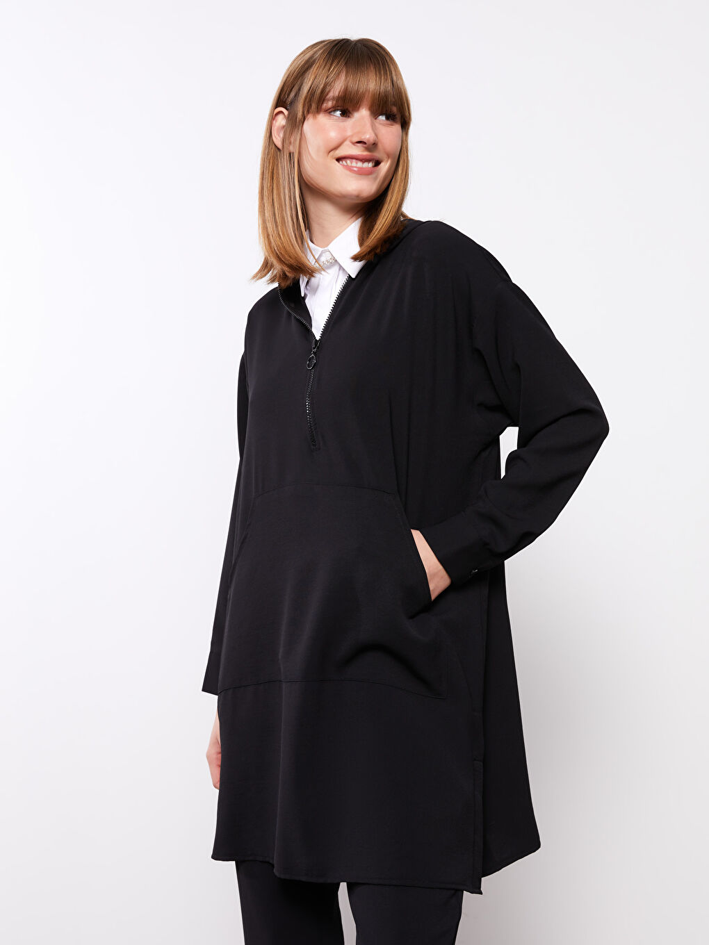 Siyah Kapüşonlu Düz Uzun Kollu Oversize Kadın Tunik-2