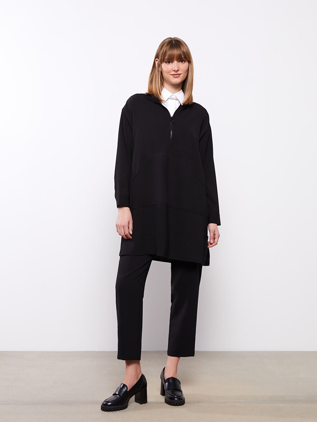 Siyah Kapüşonlu Düz Uzun Kollu Oversize Kadın Tunik-4