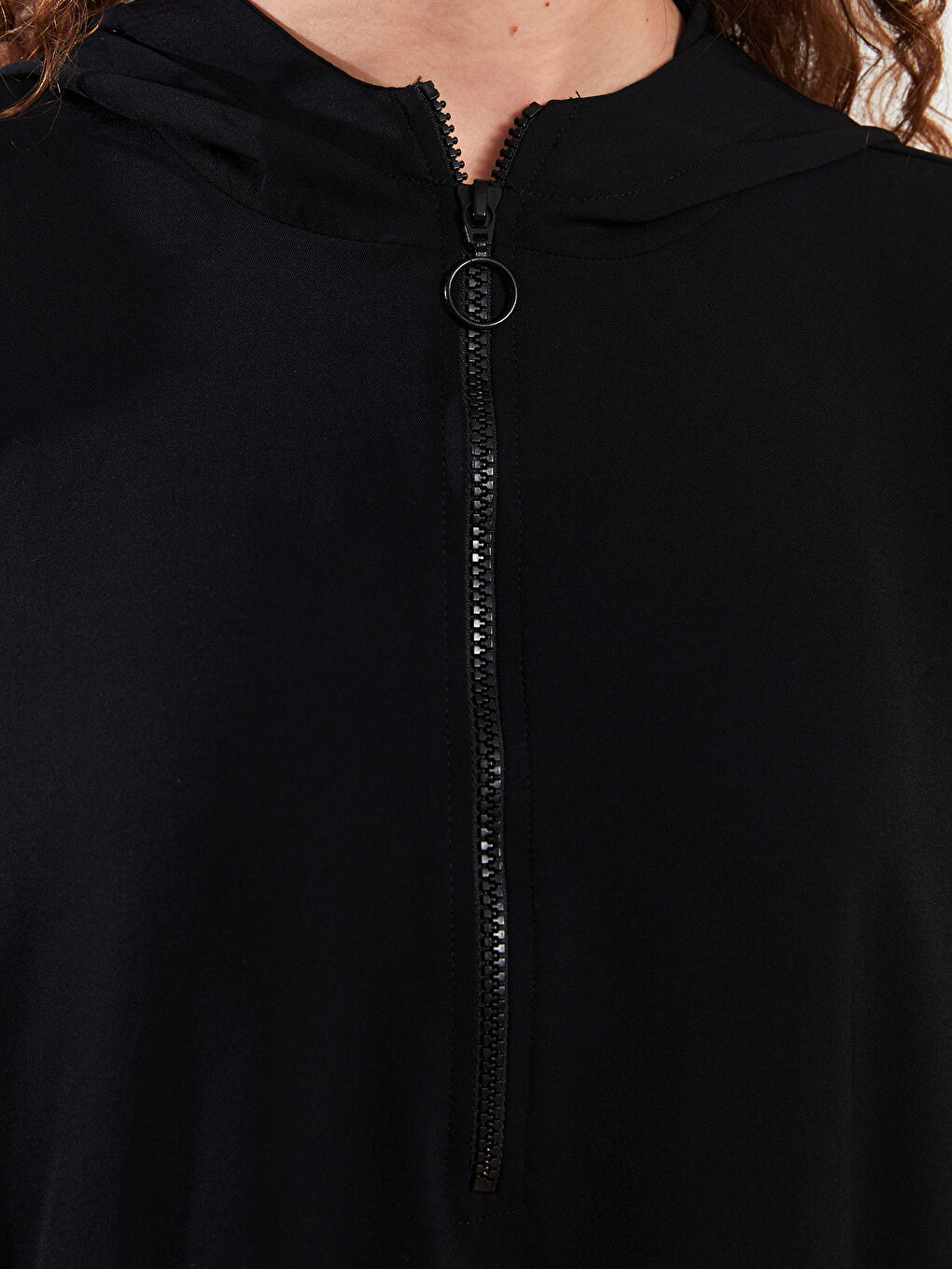 Siyah Kapüşonlu Düz Uzun Kollu Oversize Kadın Tunik-9