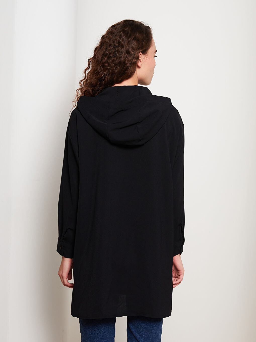 Siyah Kapüşonlu Düz Uzun Kollu Oversize Kadın Tunik-10