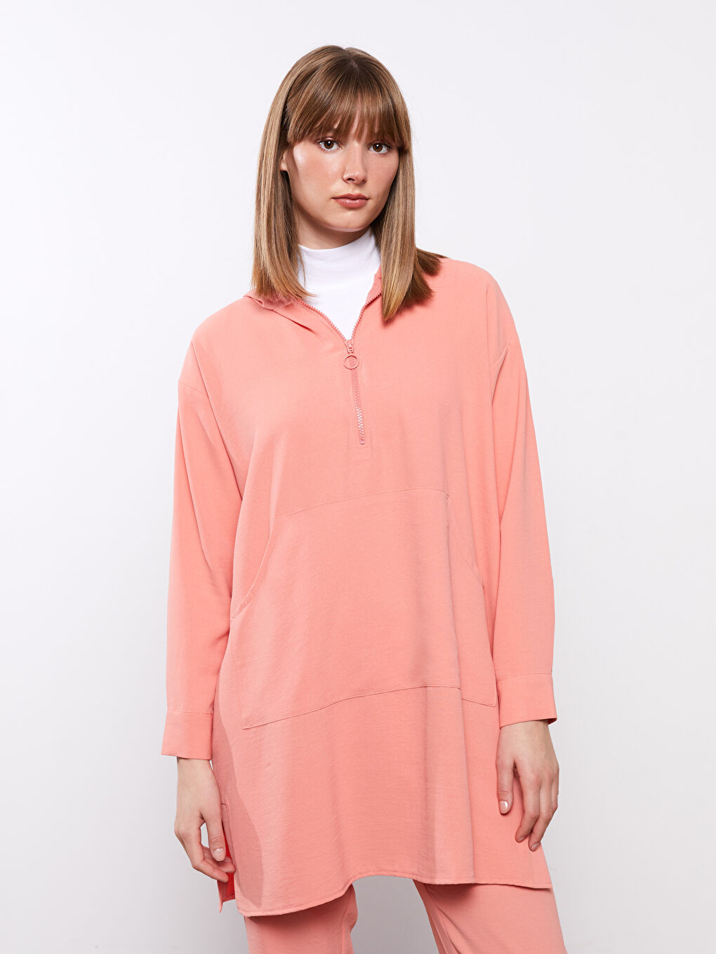 Pembe Kapüşonlu Düz Uzun Kollu Oversize Kadın Tunik