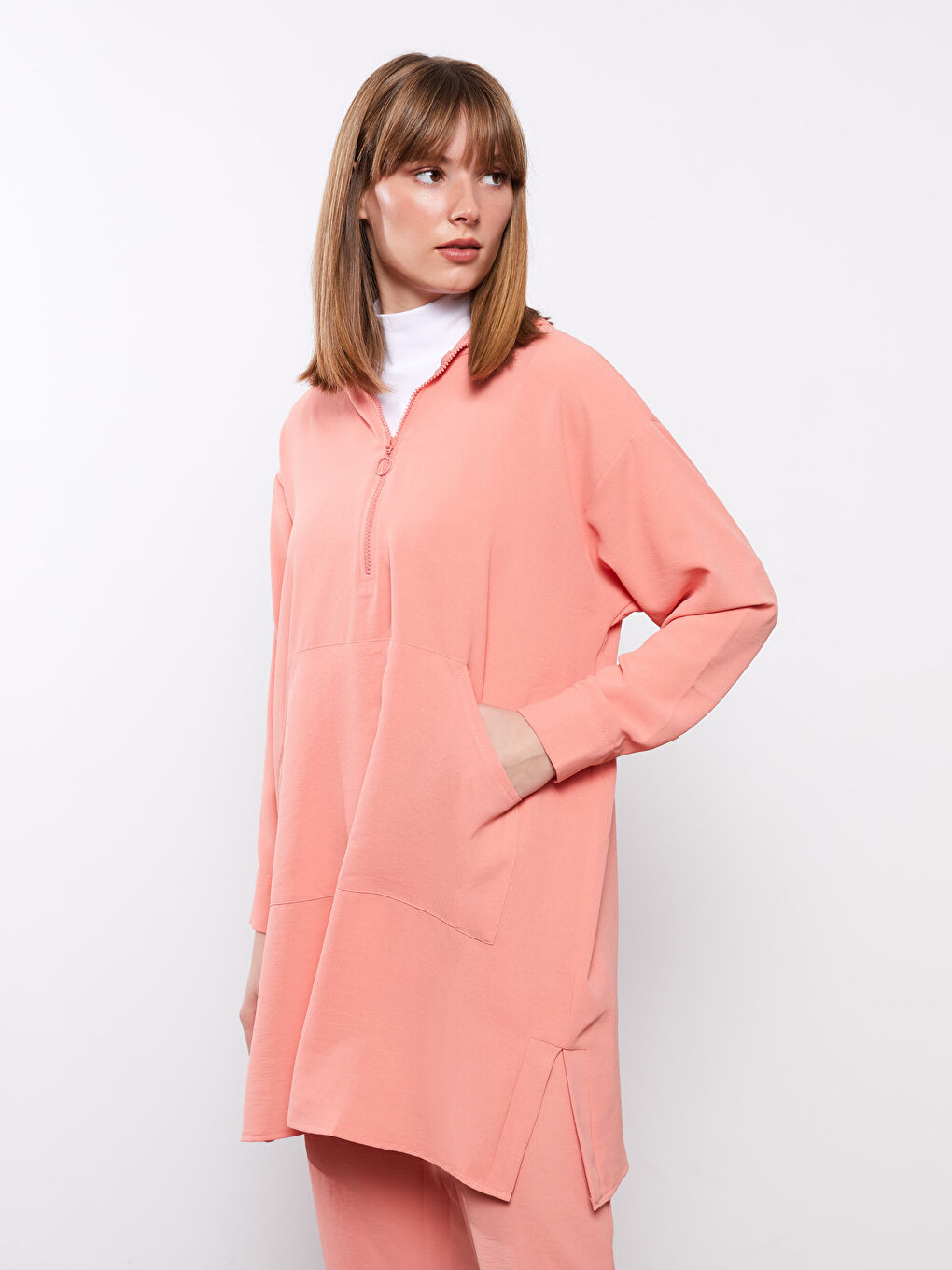 Pembe Kapüşonlu Düz Uzun Kollu Oversize Kadın Tunik-2