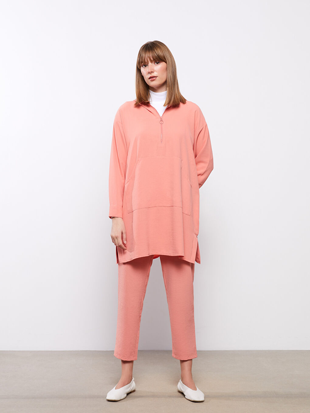 Pembe Kapüşonlu Düz Uzun Kollu Oversize Kadın Tunik-4