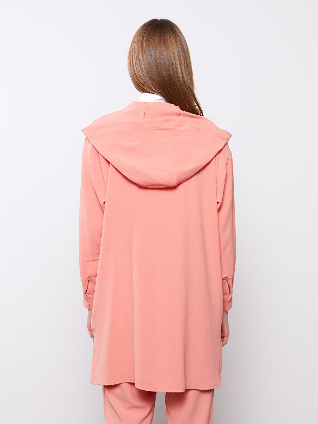 Pembe Kapüşonlu Düz Uzun Kollu Oversize Kadın Tunik-8