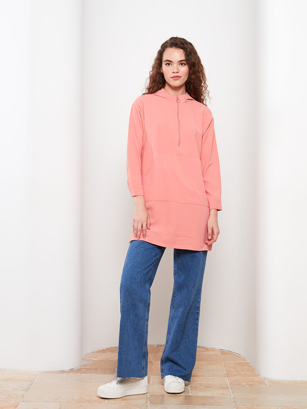 Pembe Kapüşonlu Düz Uzun Kollu Oversize Kadın Tunik-1