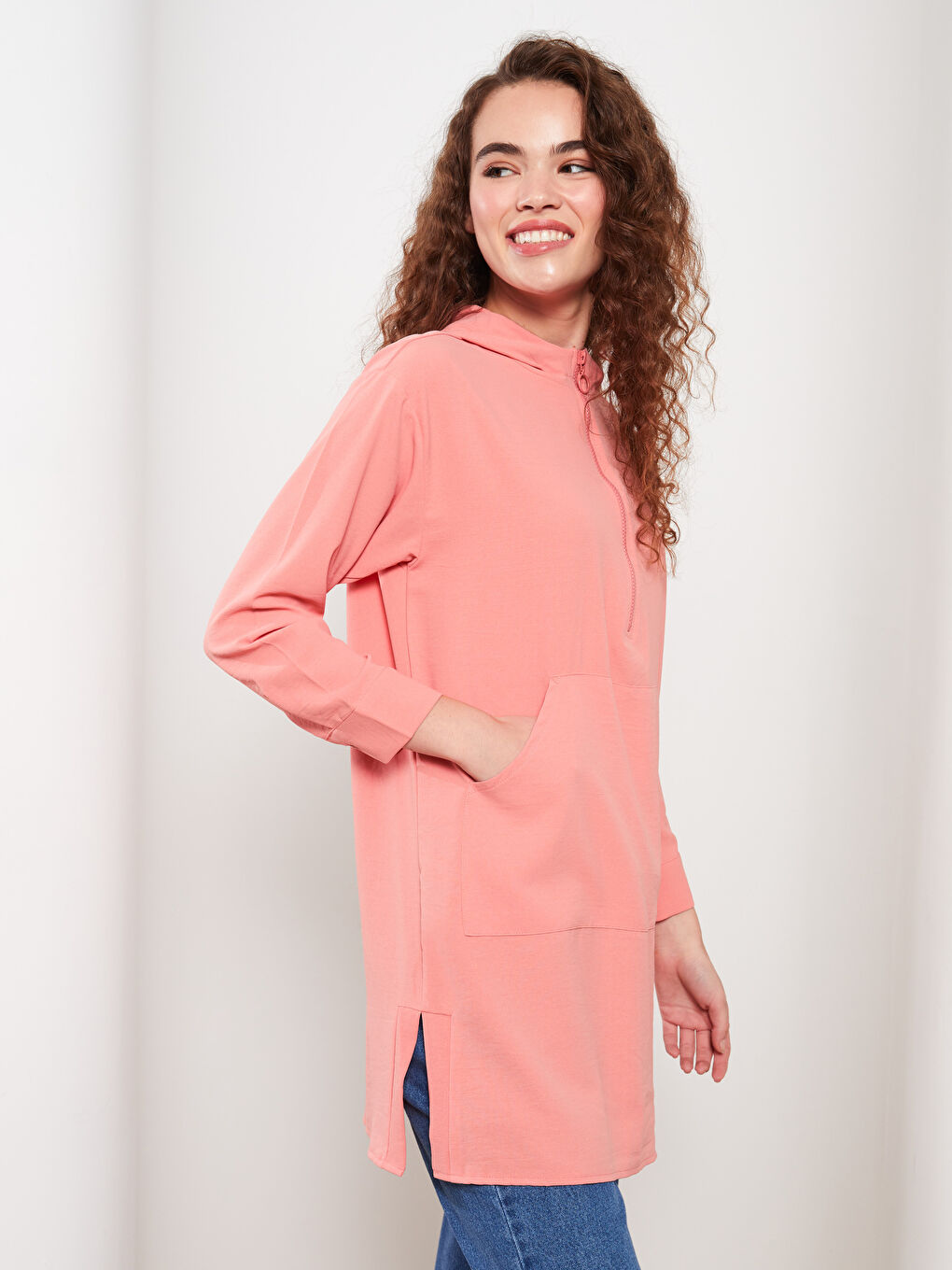 Pembe Kapüşonlu Düz Uzun Kollu Oversize Kadın Tunik-5