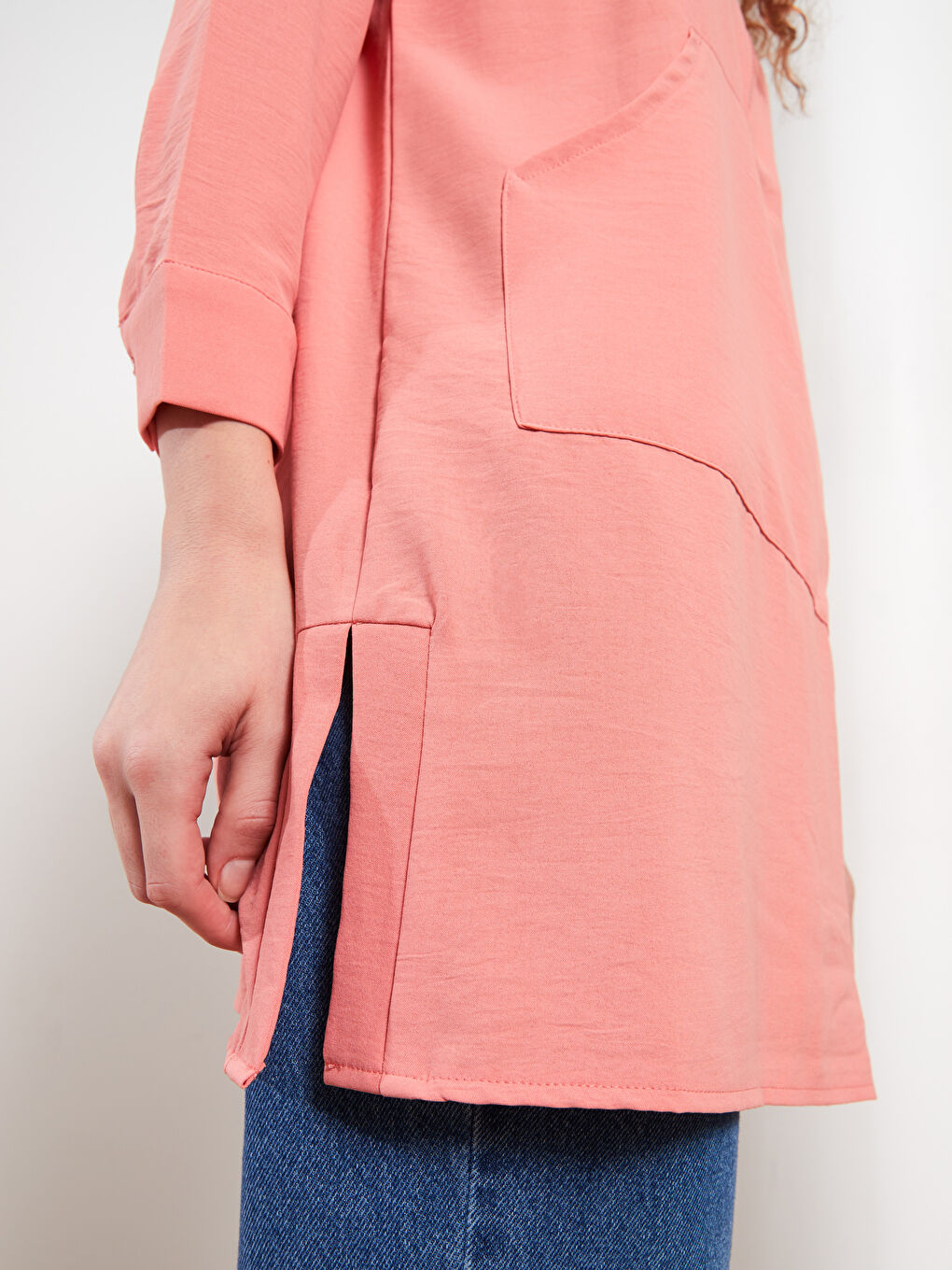 Pembe Kapüşonlu Düz Uzun Kollu Oversize Kadın Tunik-7