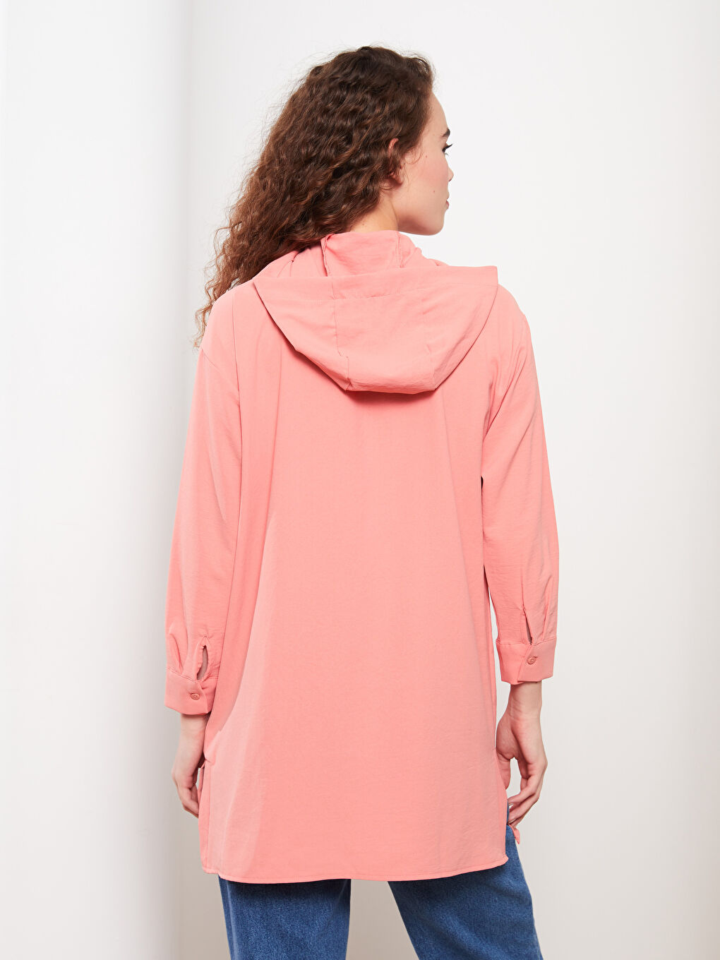 Pembe Kapüşonlu Düz Uzun Kollu Oversize Kadın Tunik-9