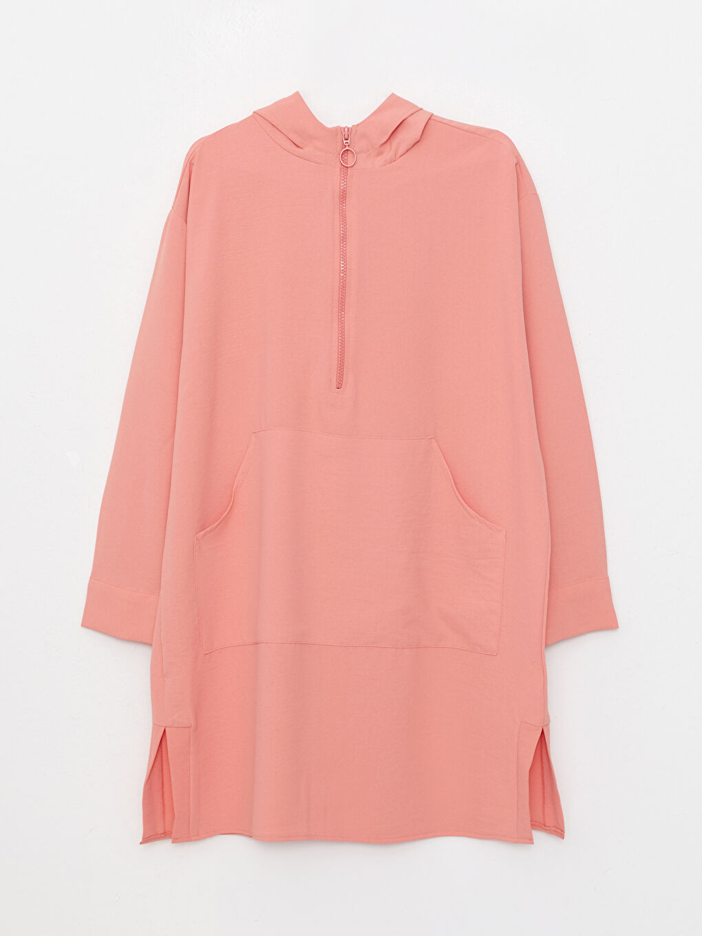 Pembe Kapüşonlu Düz Uzun Kollu Oversize Kadın Tunik-10