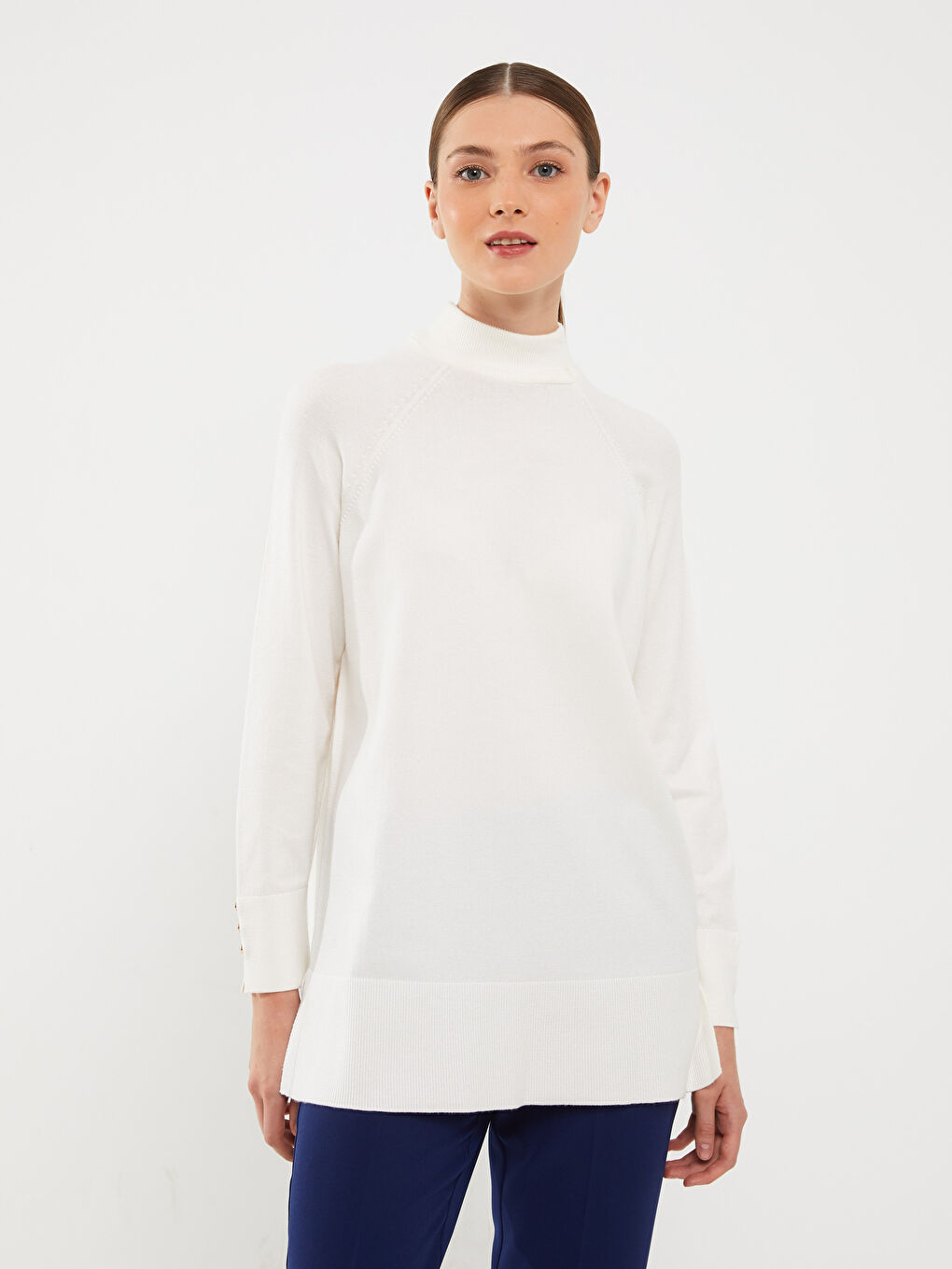 Ekru Yarım Balıkçı Yaka Düz Uzun Kollu Kadın Triko Tunik